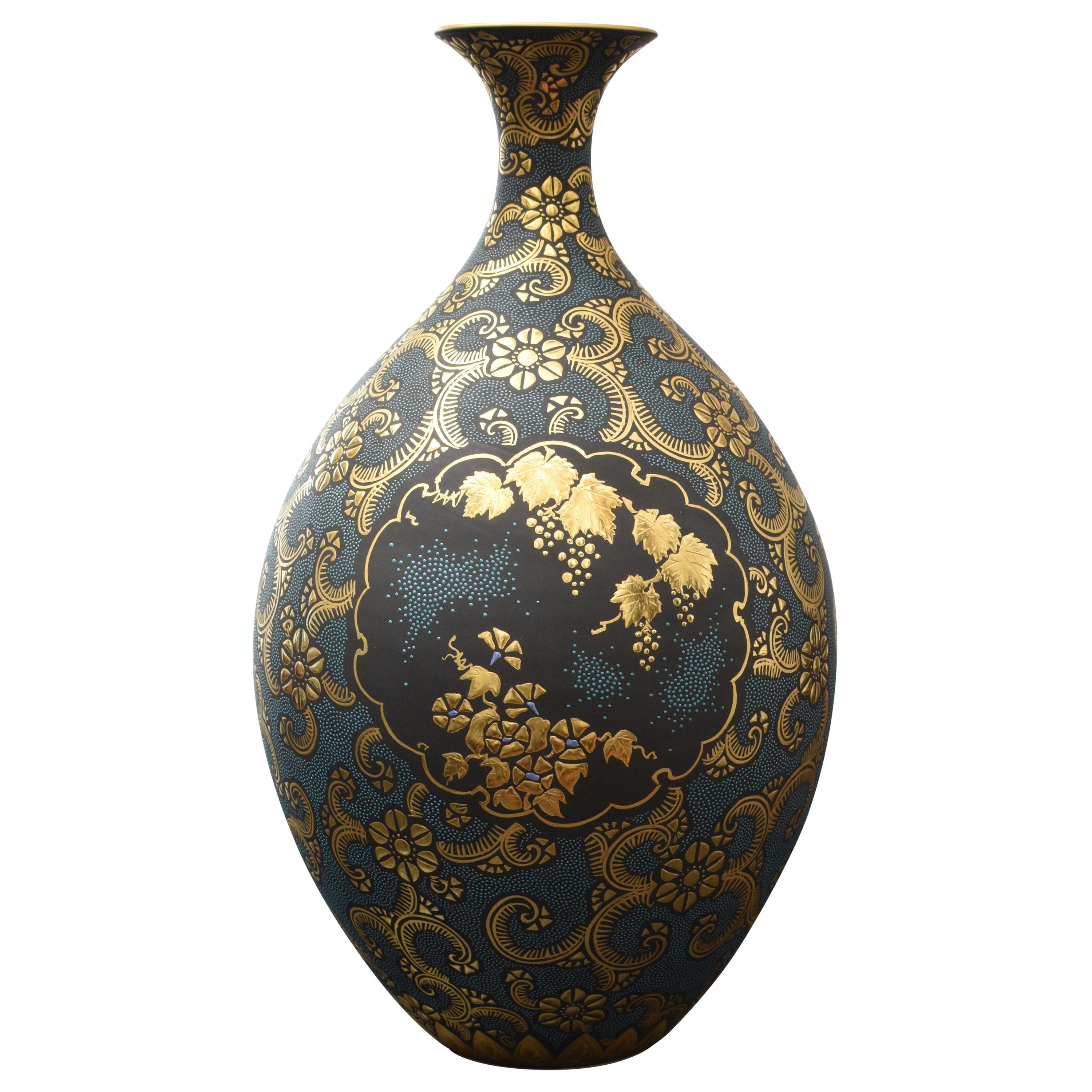 Japanese Kutani Blue Pure Gold Porcelain Vase by Master Artist