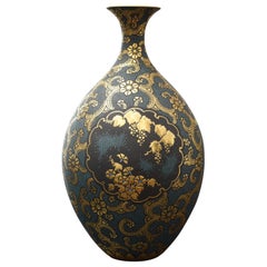 Japanese Kutani Blue Pure Gold Porcelain Vase by Master Artist