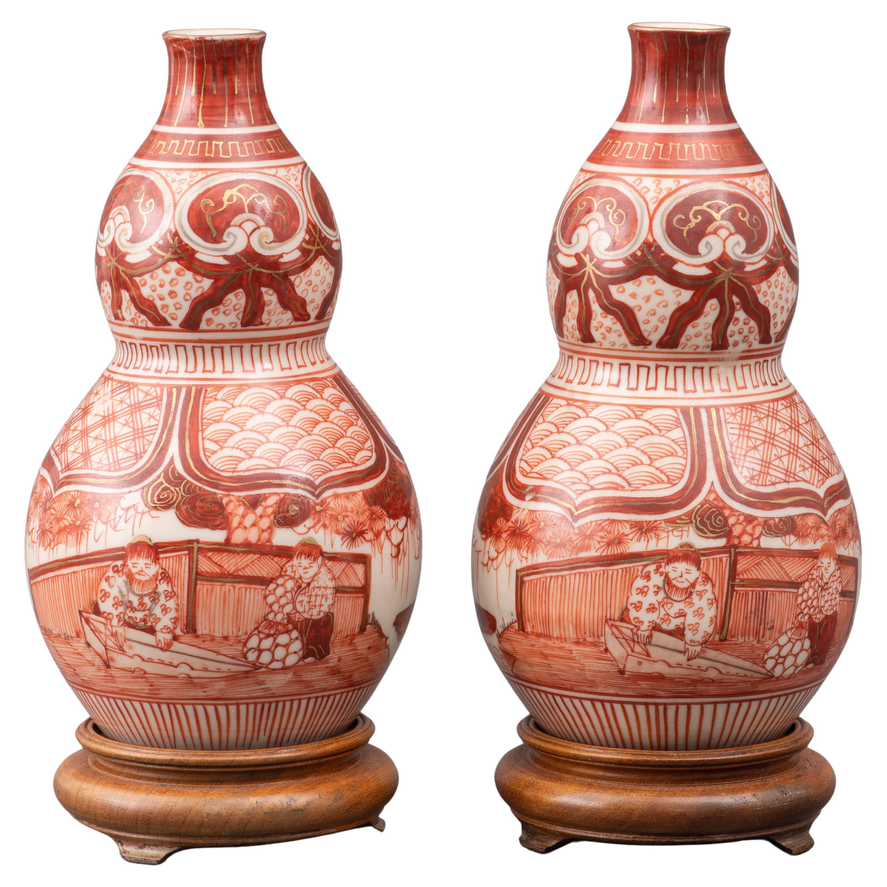 Japanese Kutani Double Gourd Vases, 19th C., Pair For Sale