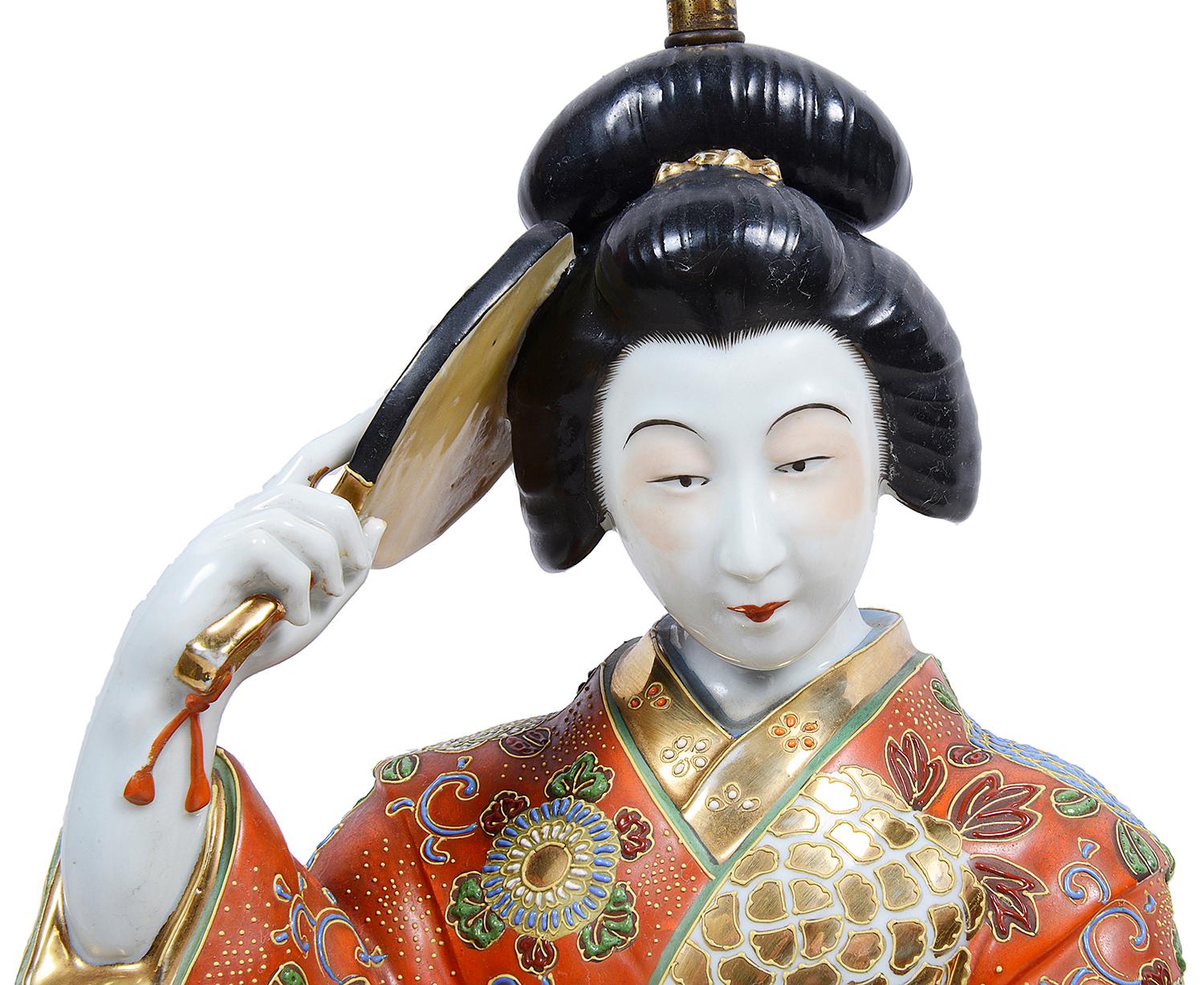 A good quality early 20th century Japanese Kutani porcelain figure of a Geisha girl, converted to a lamp.