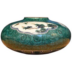 Japanese Contemporary Porcelain Vase Green Black Flat Round by Master Artist
