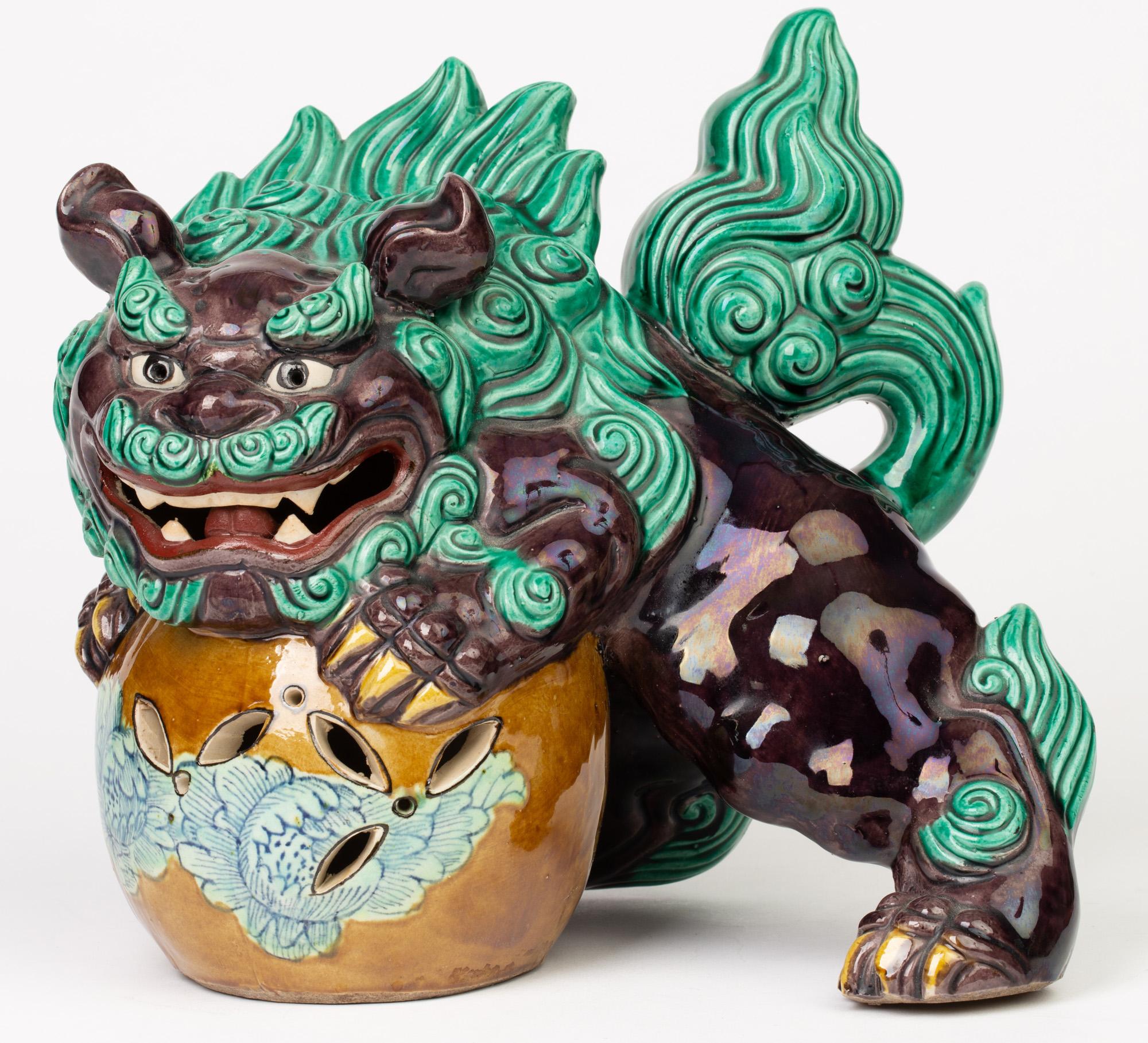 Japanese Kutani Taisho Period Large Pottery Lion Dog and Ball 4