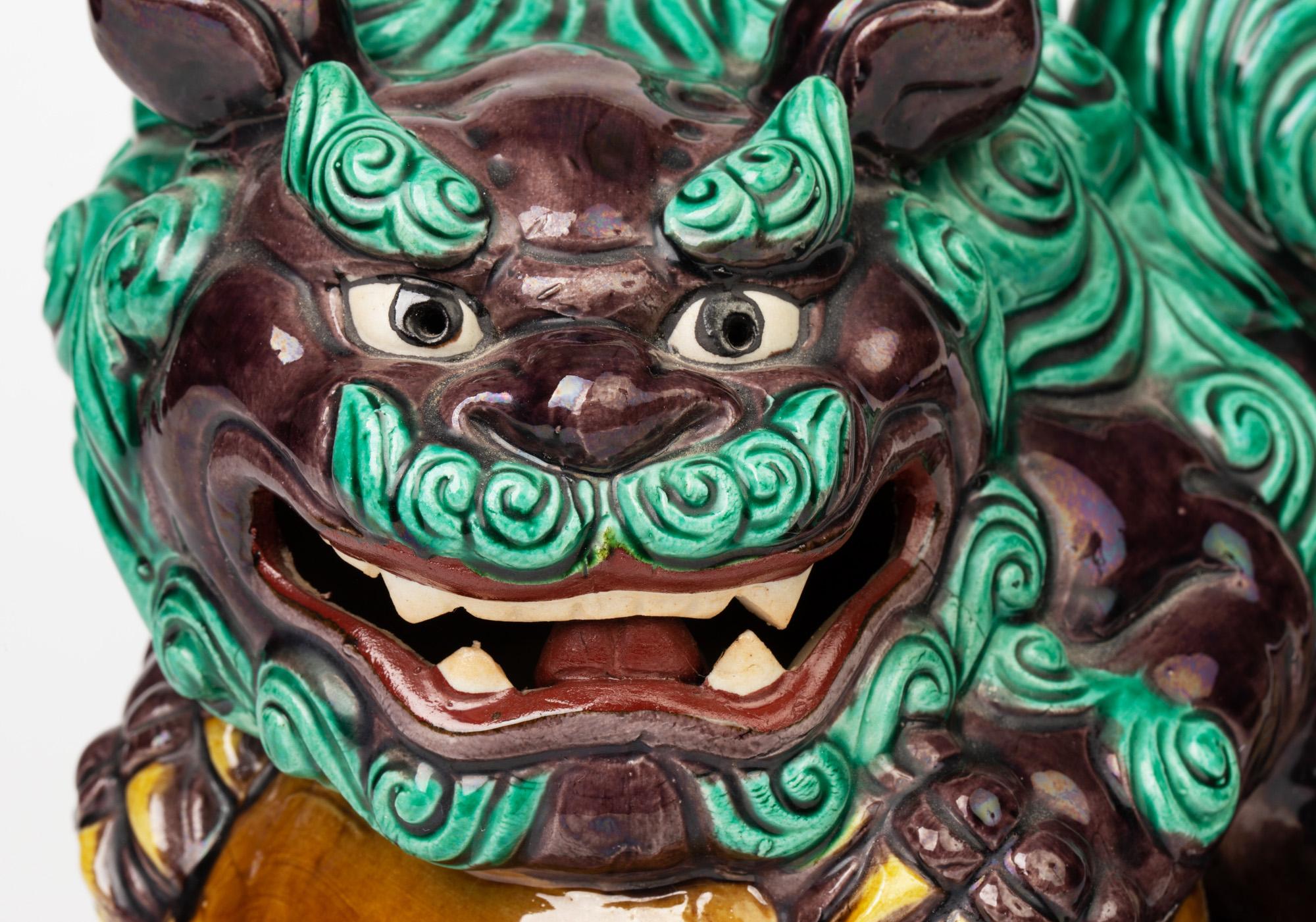 Japanese Kutani Taisho Period Large Pottery Lion Dog and Ball 6