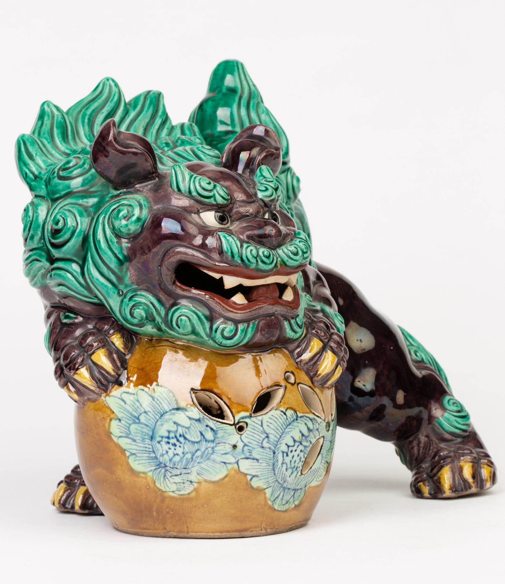 Japanese Kutani Taisho Period Large Pottery Lion Dog and Ball 1