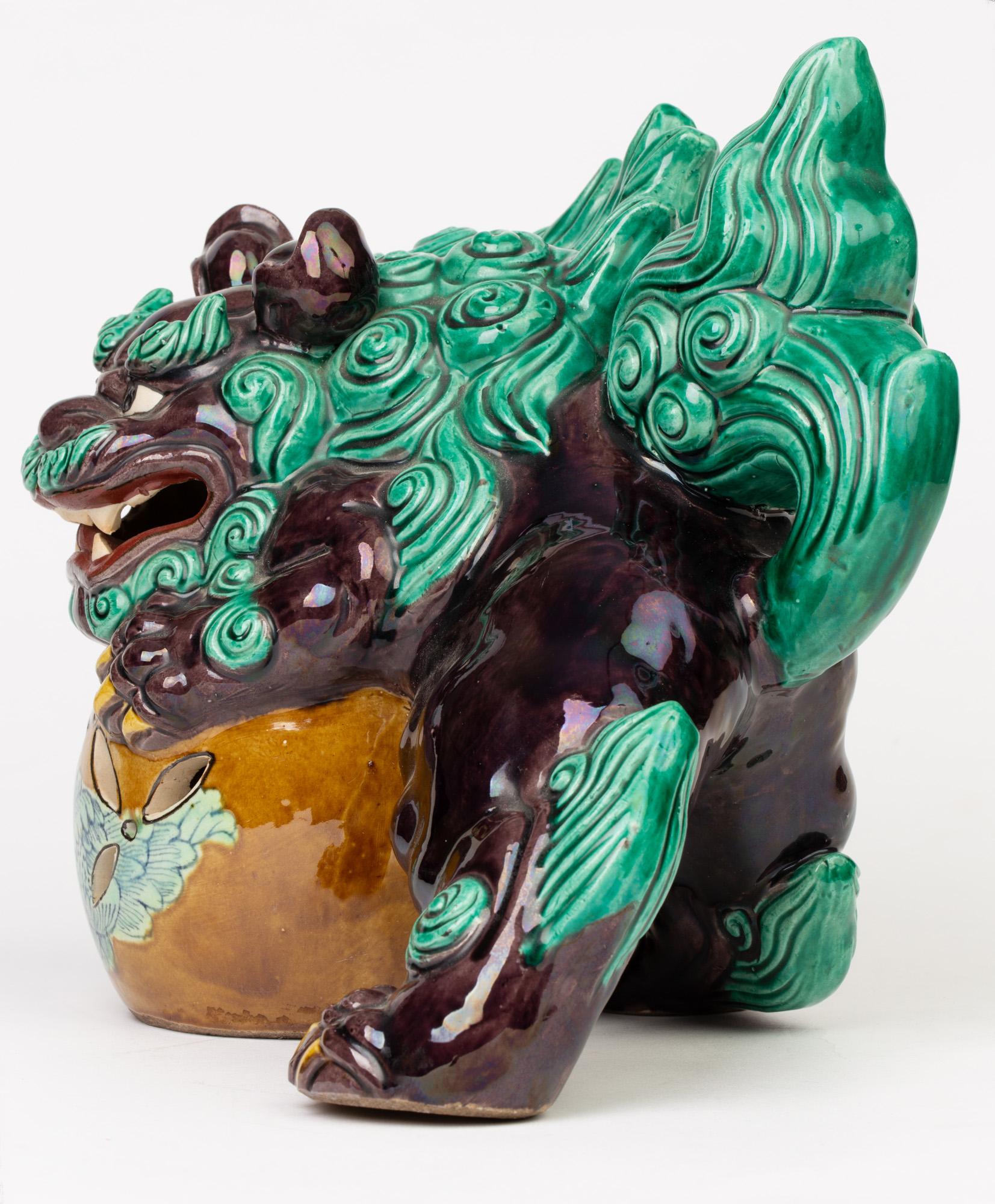 Japanese Kutani Taisho Period Large Pottery Lion Dog and Ball 3