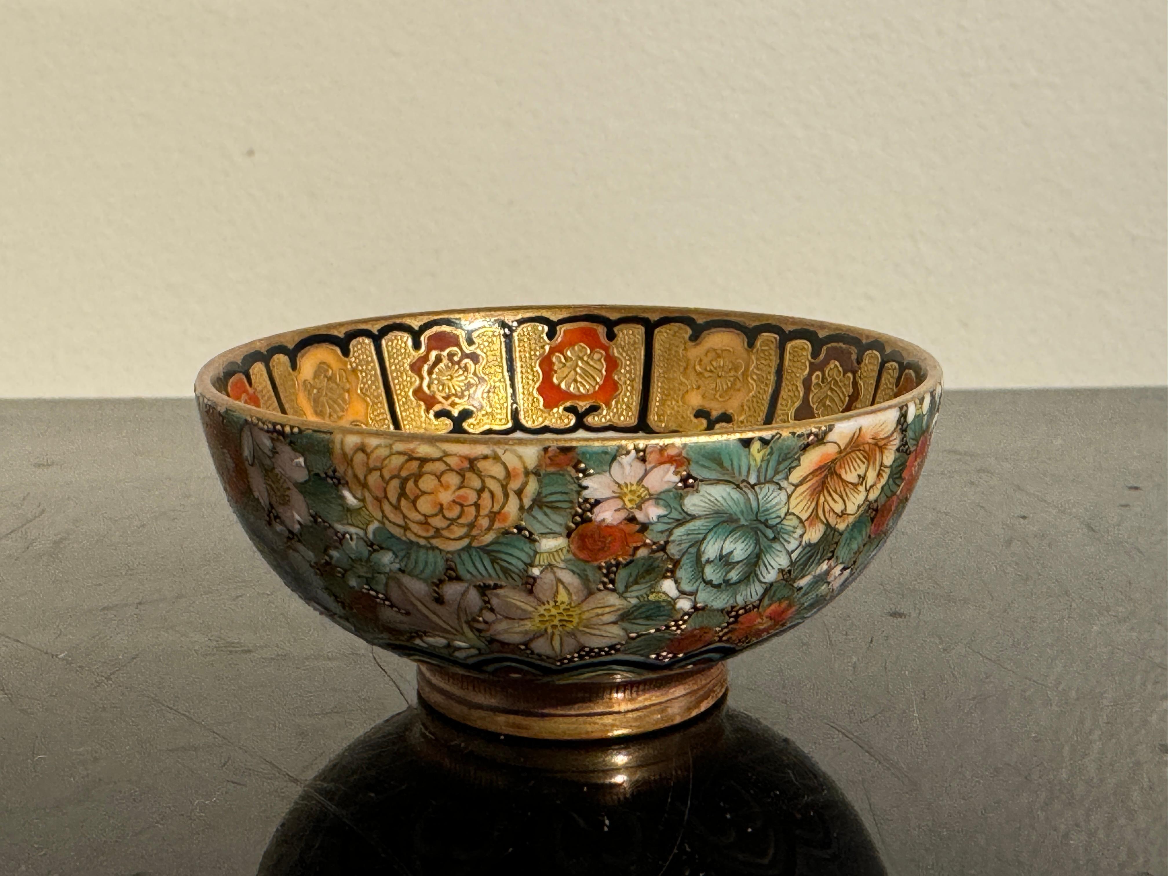 Enamel Japanese Kutani Millefleurs Sake Cup, Taisho Period, circa 1920, Japan