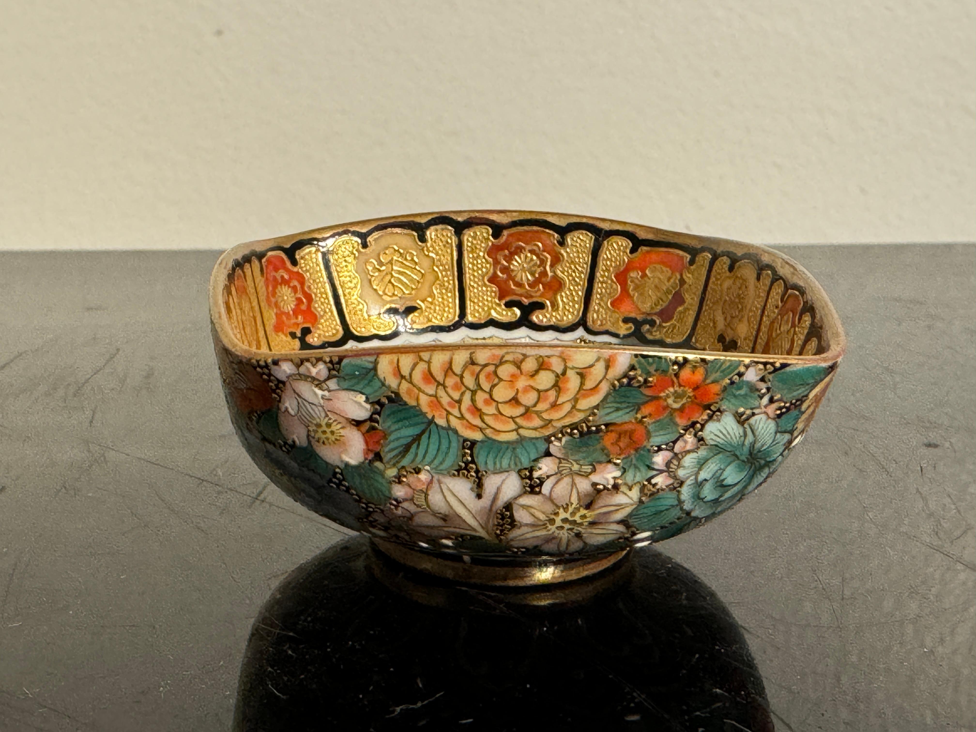 Enamel Japanese Kutani Millefleurs Square Sake Cup, Taisho Period, circa 1920, Japan