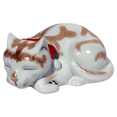 Antique Japanese Kutani Porcelain Figure of a Sleeping Cat