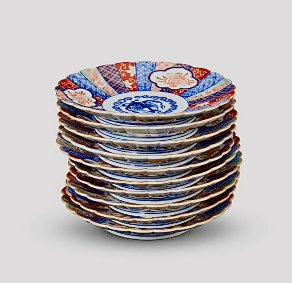 This is a good set of Japanese Kutani-style Imari porcelain salad or dessert-sized plates that date to the early 20th century all ten plates are in very good original condition with just hints of indications of use. These plates would make any