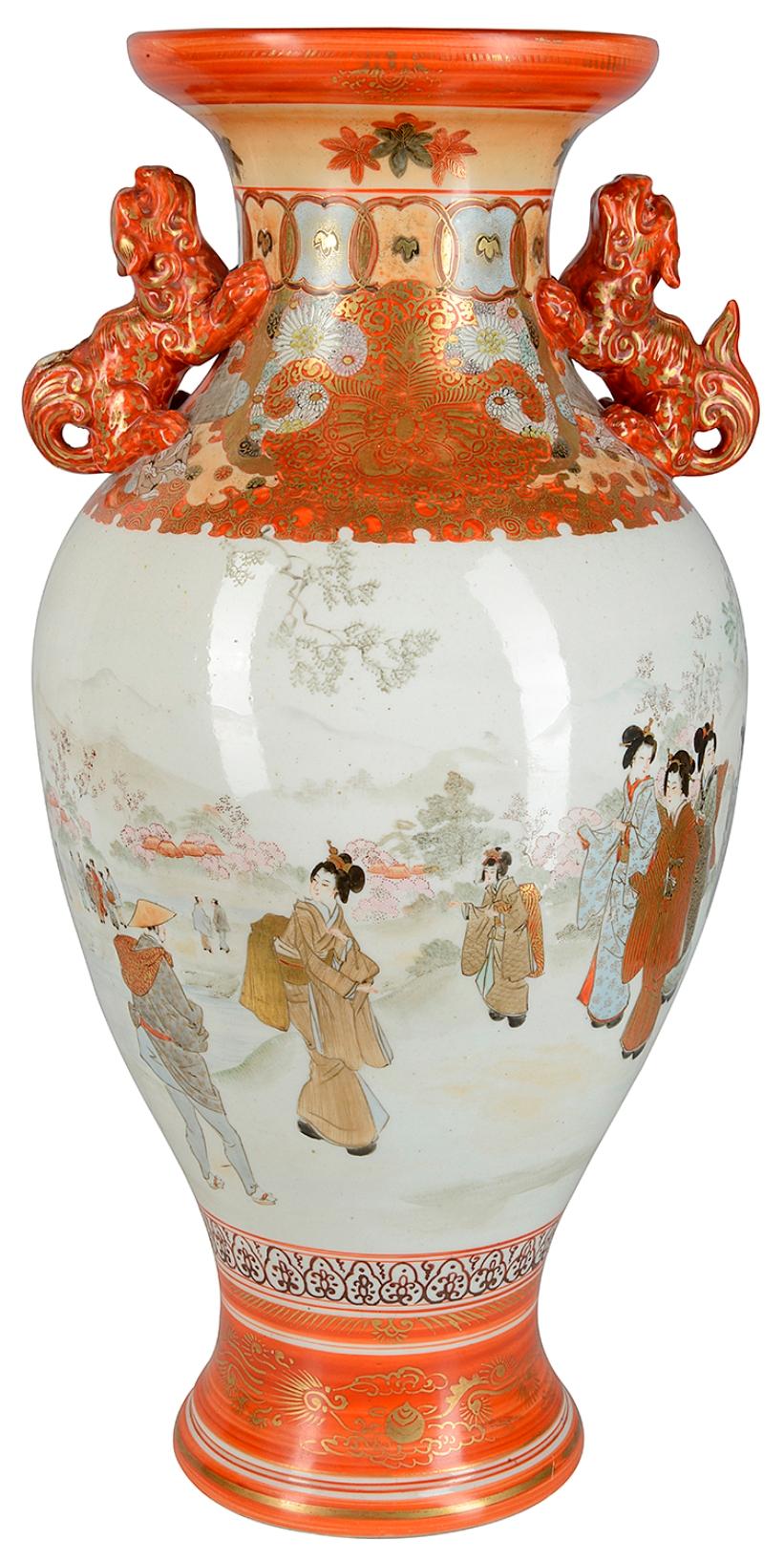 A good quality late 19th century Japanese Kutani vase, having the classical orange ground, dog of faux handles to either side, classical motif decoration, with scenes depicting Geigha girls outside amongst men women and children.
We can have this