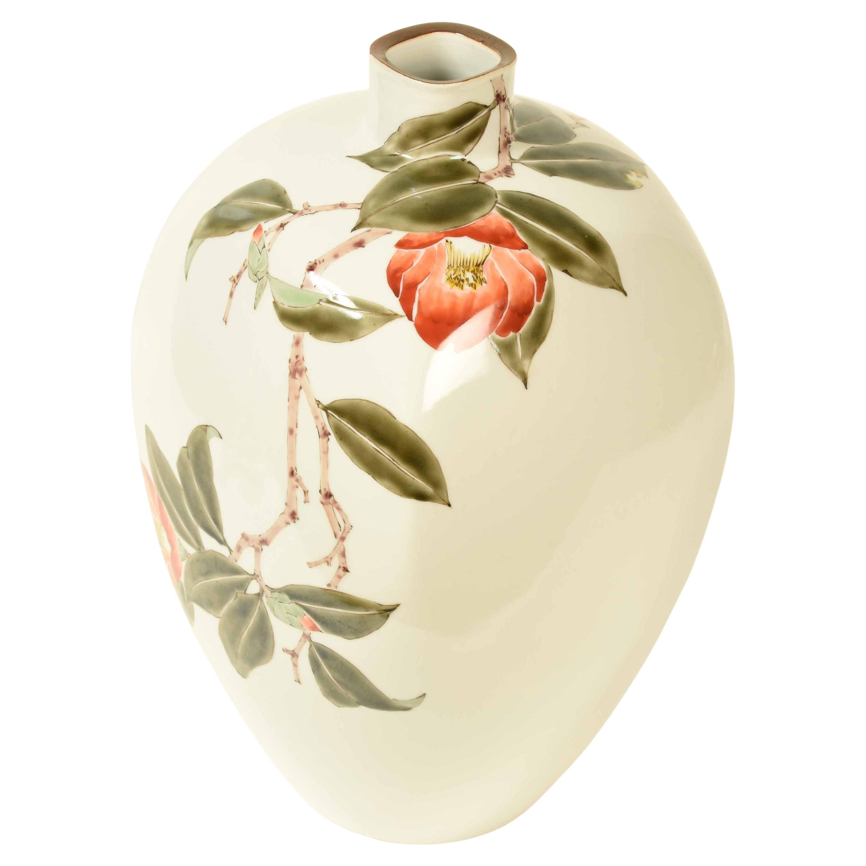 Japanese Kutani Vase with Camellia Design by Yoshiaki Yamada For Sale