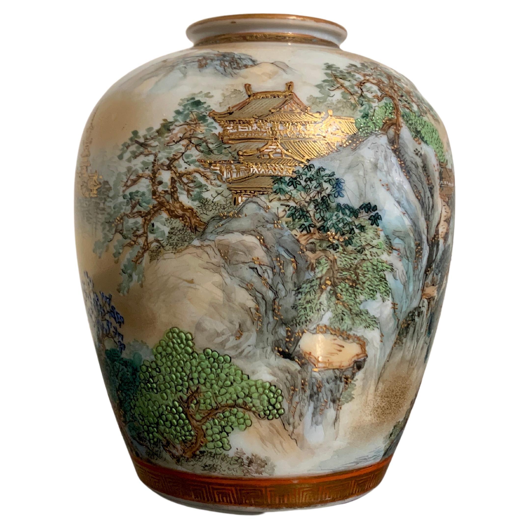 Japanische Kutani-Vase mit Landschaft, Showa-Periode, 1930er Jahre