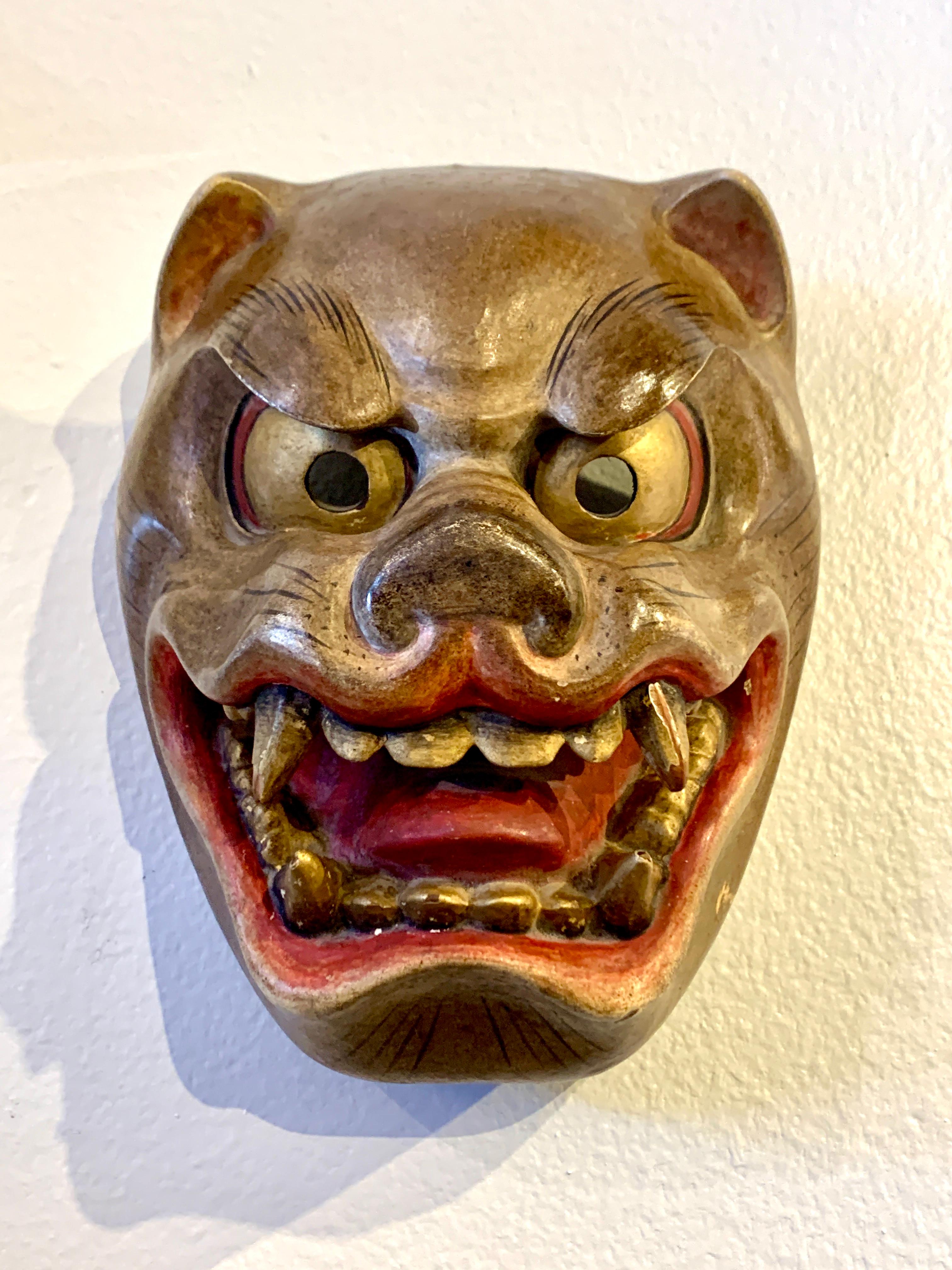 Hand-Carved Japanese Kyogen Theater Tiger Mask, Showa Era, Mid-20th Century, Japan