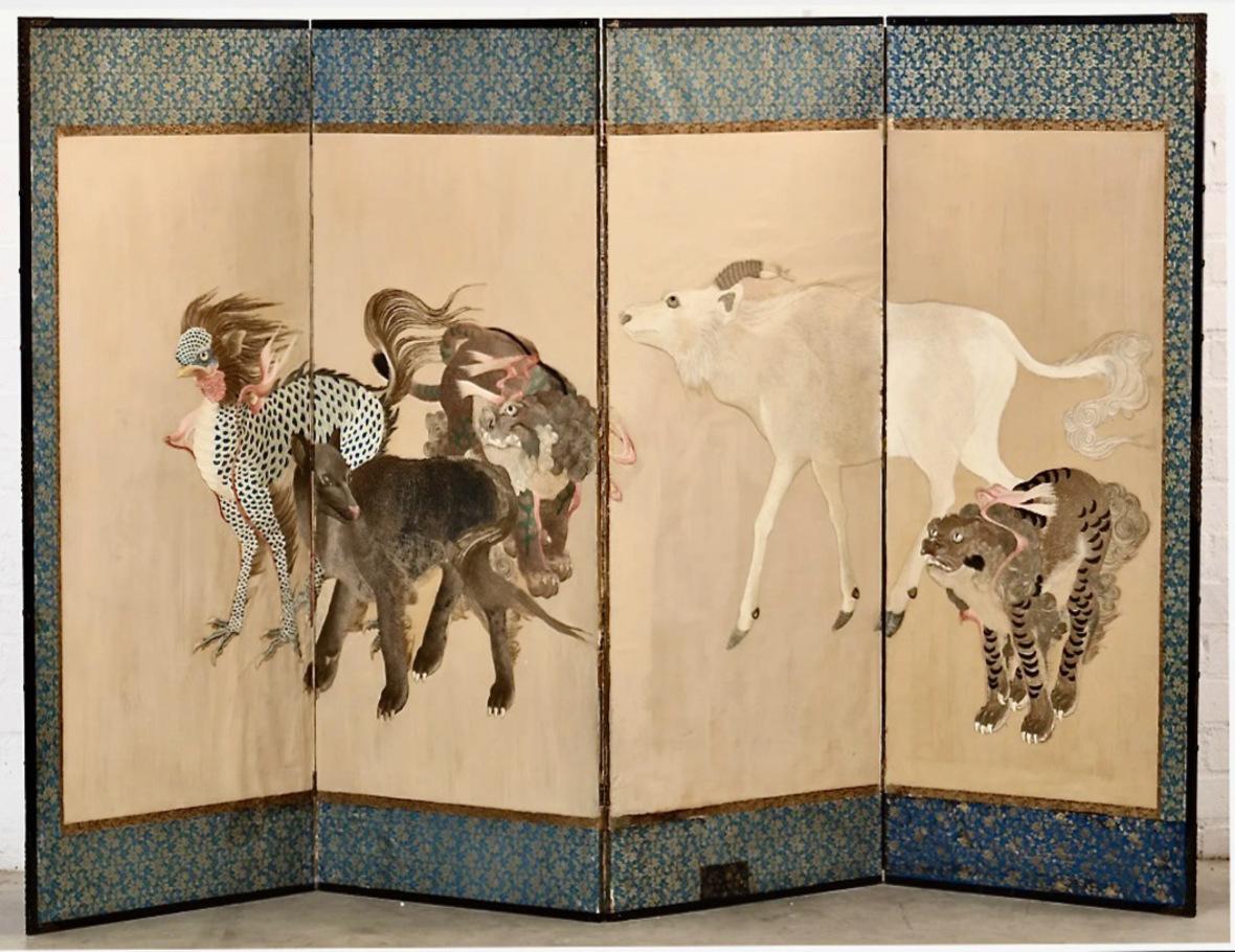 This is a finely stitched Kyoto embroidery screen that dates to the Meiji Era (1868 - 1912). Kyoto has been celebrated for its skilled artistic embroidery since the early 8th century.
In the Meiji Era Kyoto embroideries became increasingly desirable
