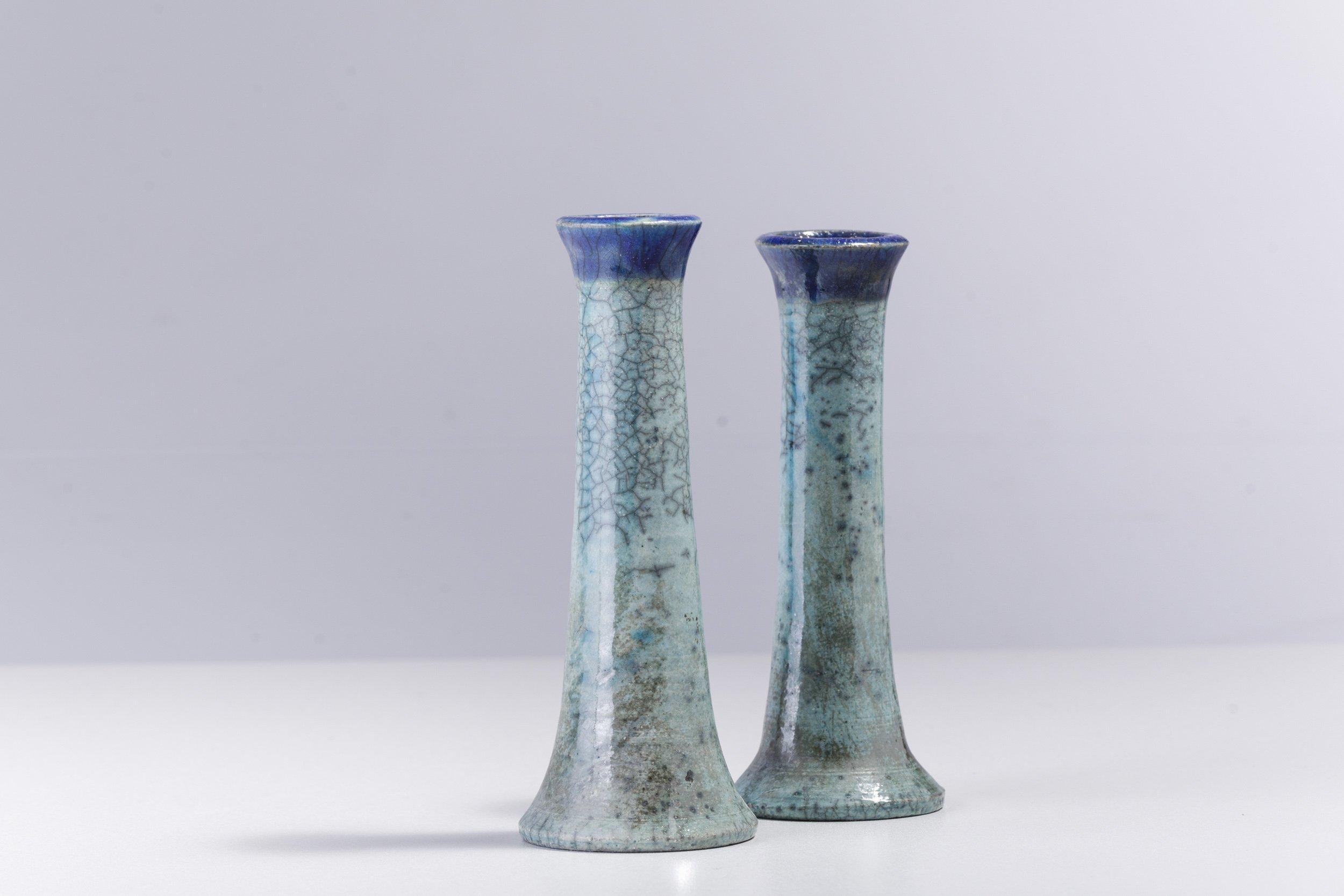 Modern Japanese LAAB 2 Stelo Candle Holders Raku Ceramic Blue For Sale