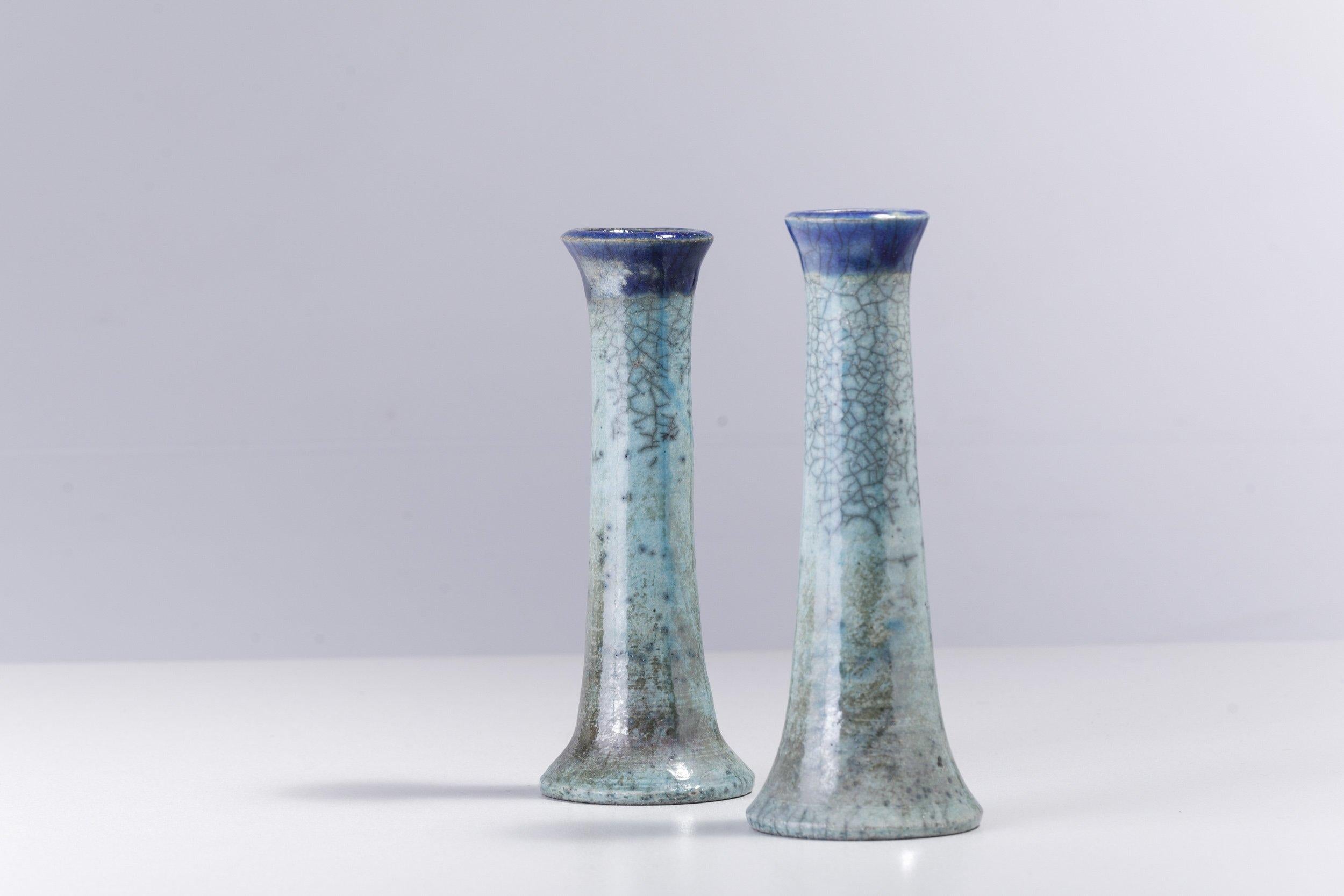 Italian Japanese LAAB 2 Stelo Candle Holders Raku Ceramic Blue For Sale