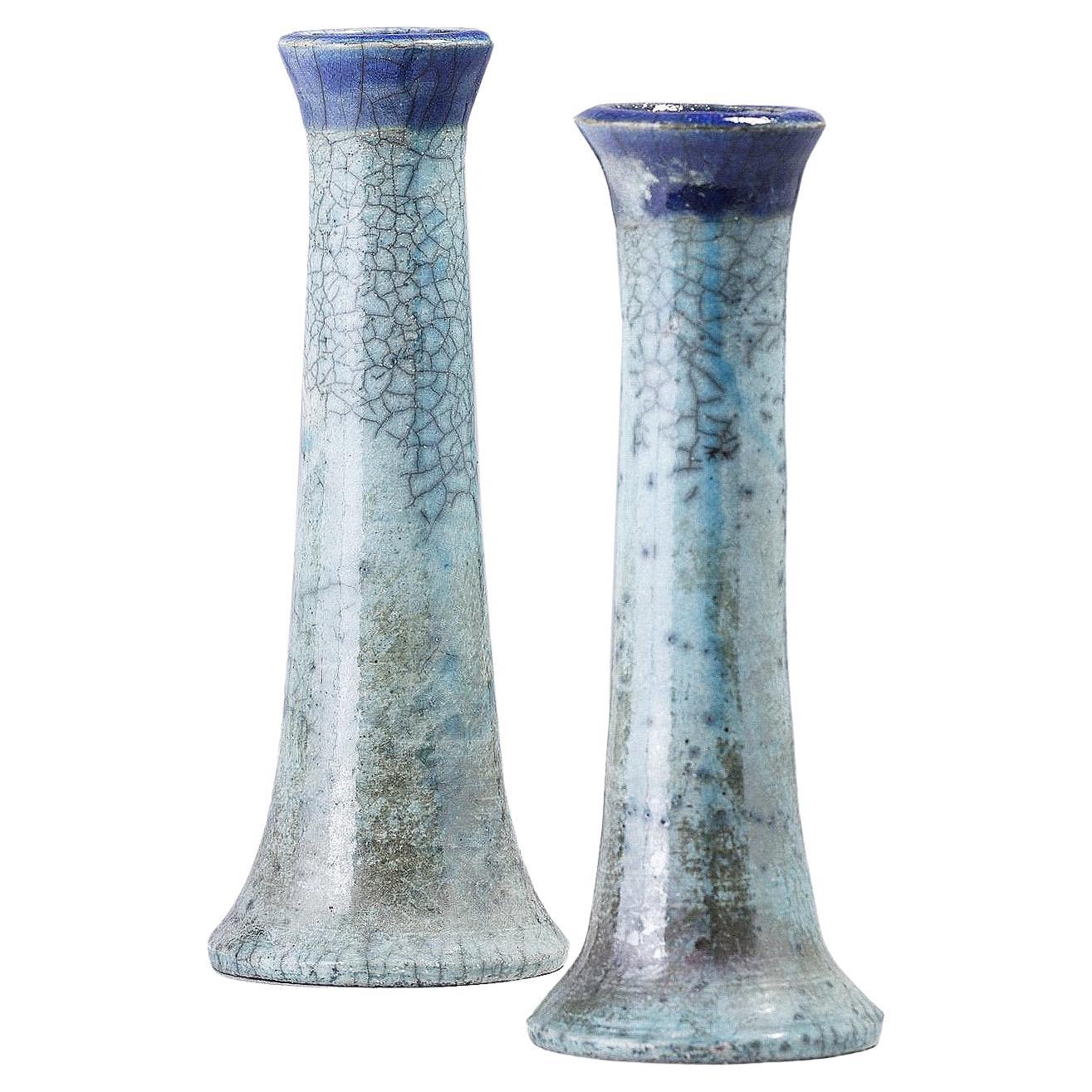 Japanische LAAB 2 Stelo-Kerzenhalter Raku Keramik in Blau, Raku Keramik