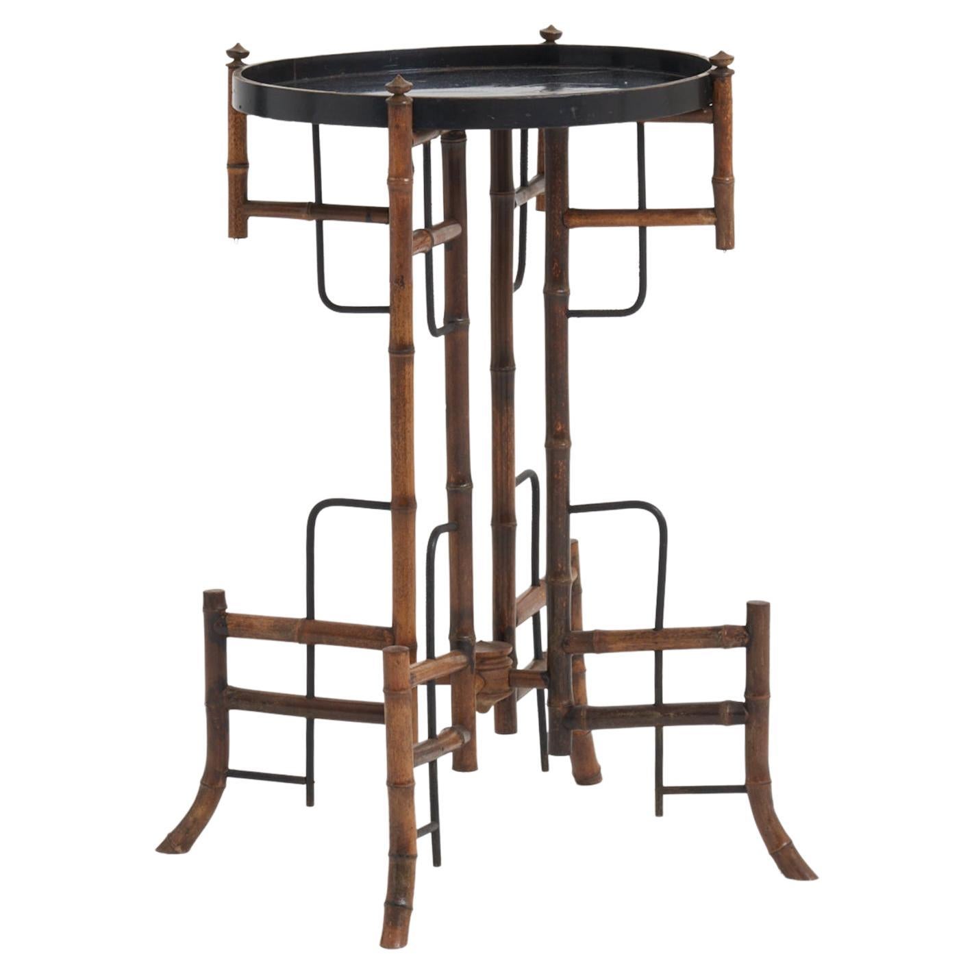 1890s Chinese Bamboo Side Table with Black Lacquer Top and Bronze