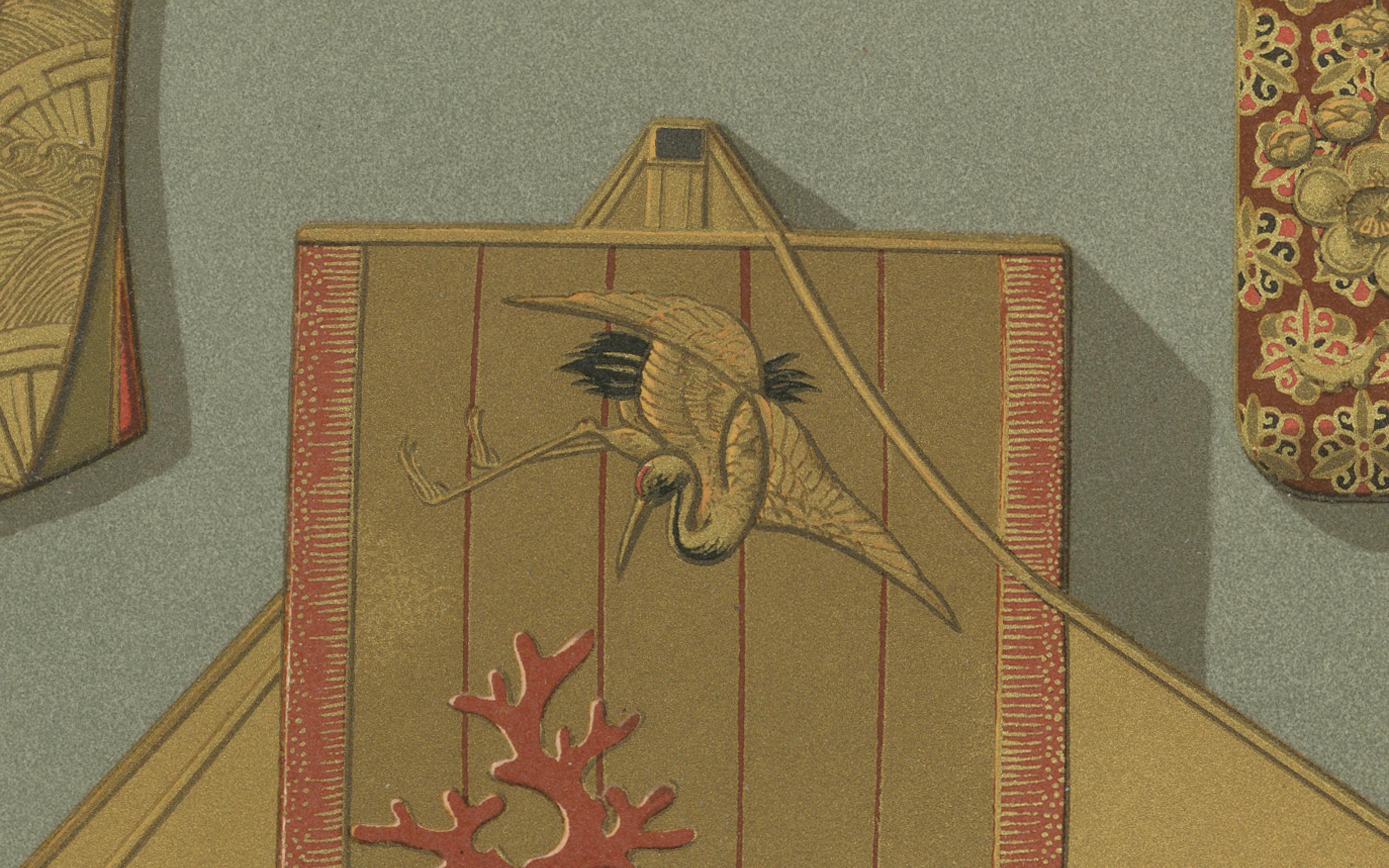 Titre : Boîtes japonaises en laque et en marqueterie : Lithographie ancienne, années 1880

Description :
Cette lithographie finement détaillée, datant des années 1880, présente un ensemble exquis de boîtes japonaises traditionnelles en laque et en