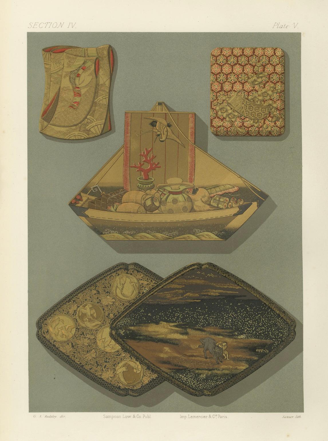 Boîtes japonaises en laque et en marqueterie : Lithographie ancienne, années 1880 en vente 3
