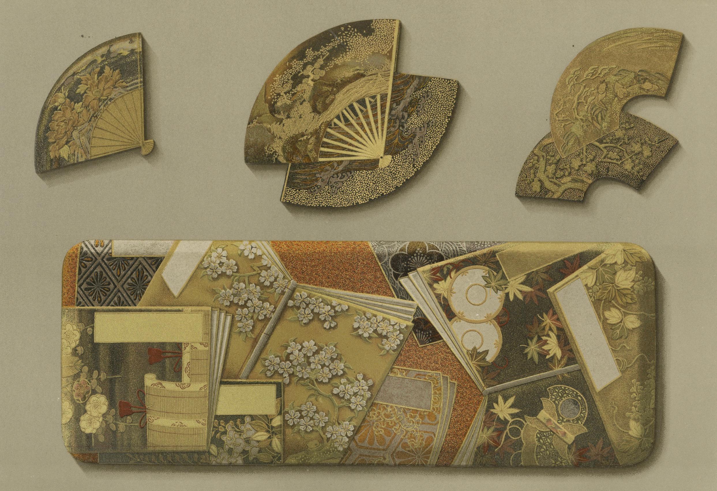Japanische Lack- und Intarsienfächer-Fragmente: Antike Lithographie, 1880er Jahre (Papier) im Angebot