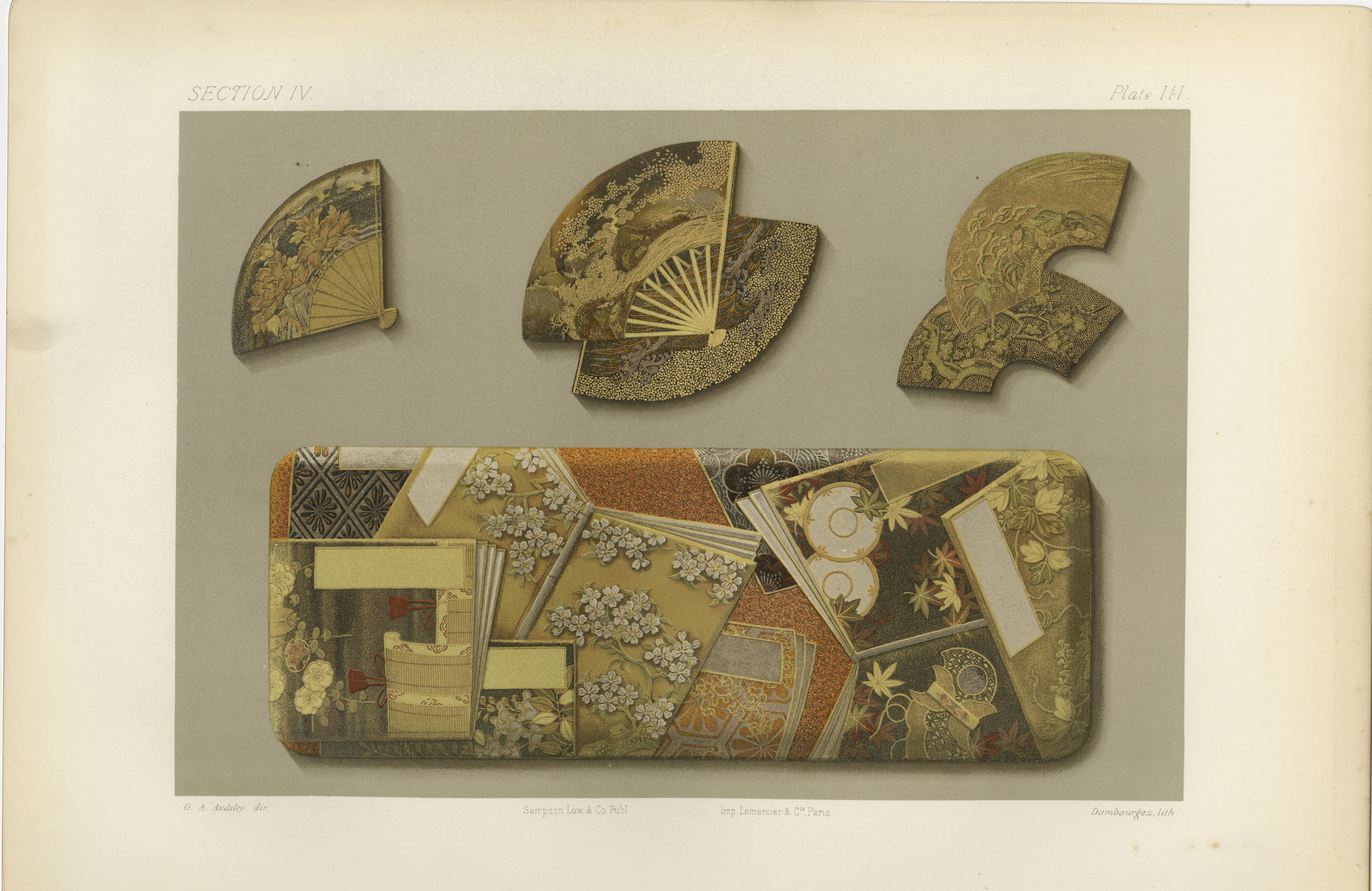 Japanische Lack- und Intarsienfächer-Fragmente: Antike Lithographie, 1880er Jahre im Angebot 2