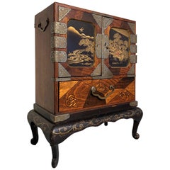 Antique Japanese Lacquer and Marquetry Miniature Tansu, Haribako, Meiji Period