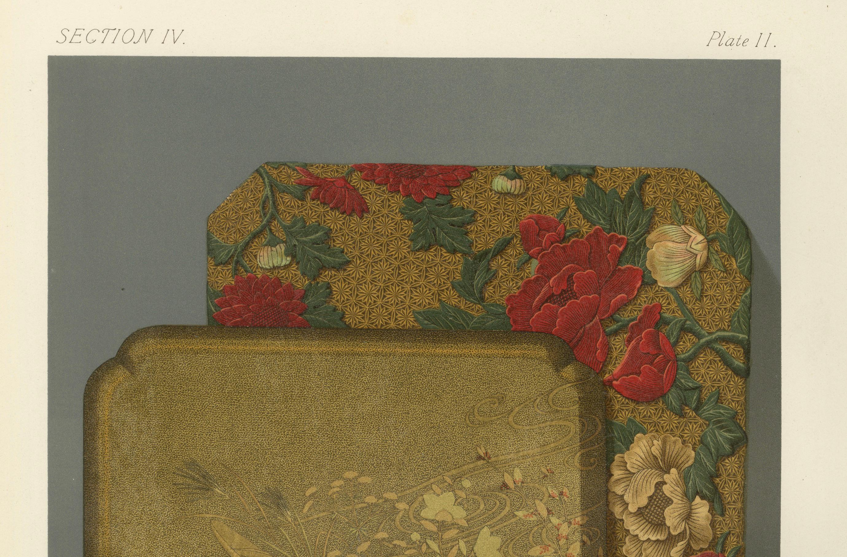 Am designs de plateaux japonais en laque et en textile : Lithographie ancienne, années 1880 Excellent état - En vente à Langweer, NL