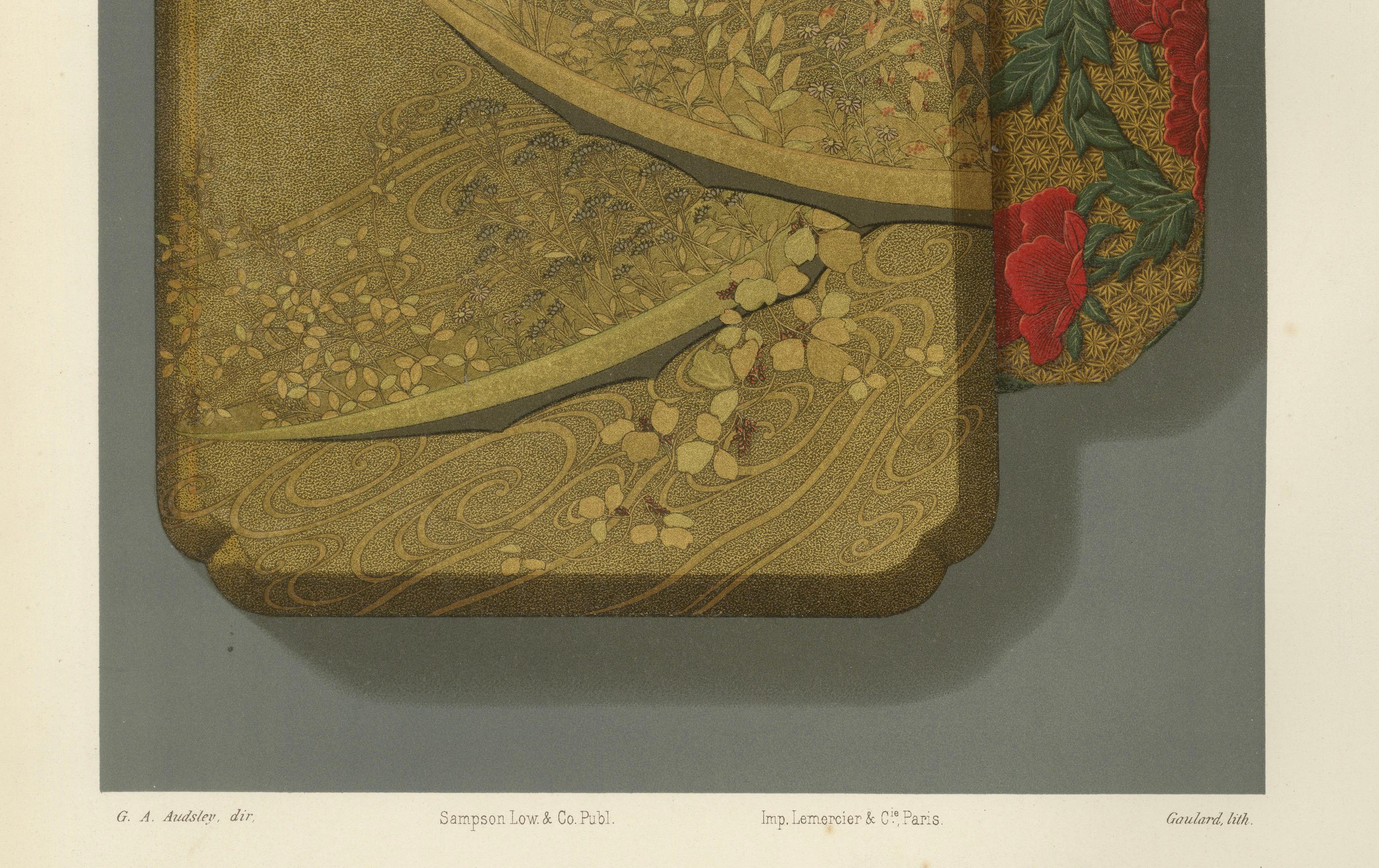 Fin du XIXe siècle Am designs de plateaux japonais en laque et en textile : Lithographie ancienne, années 1880 en vente
