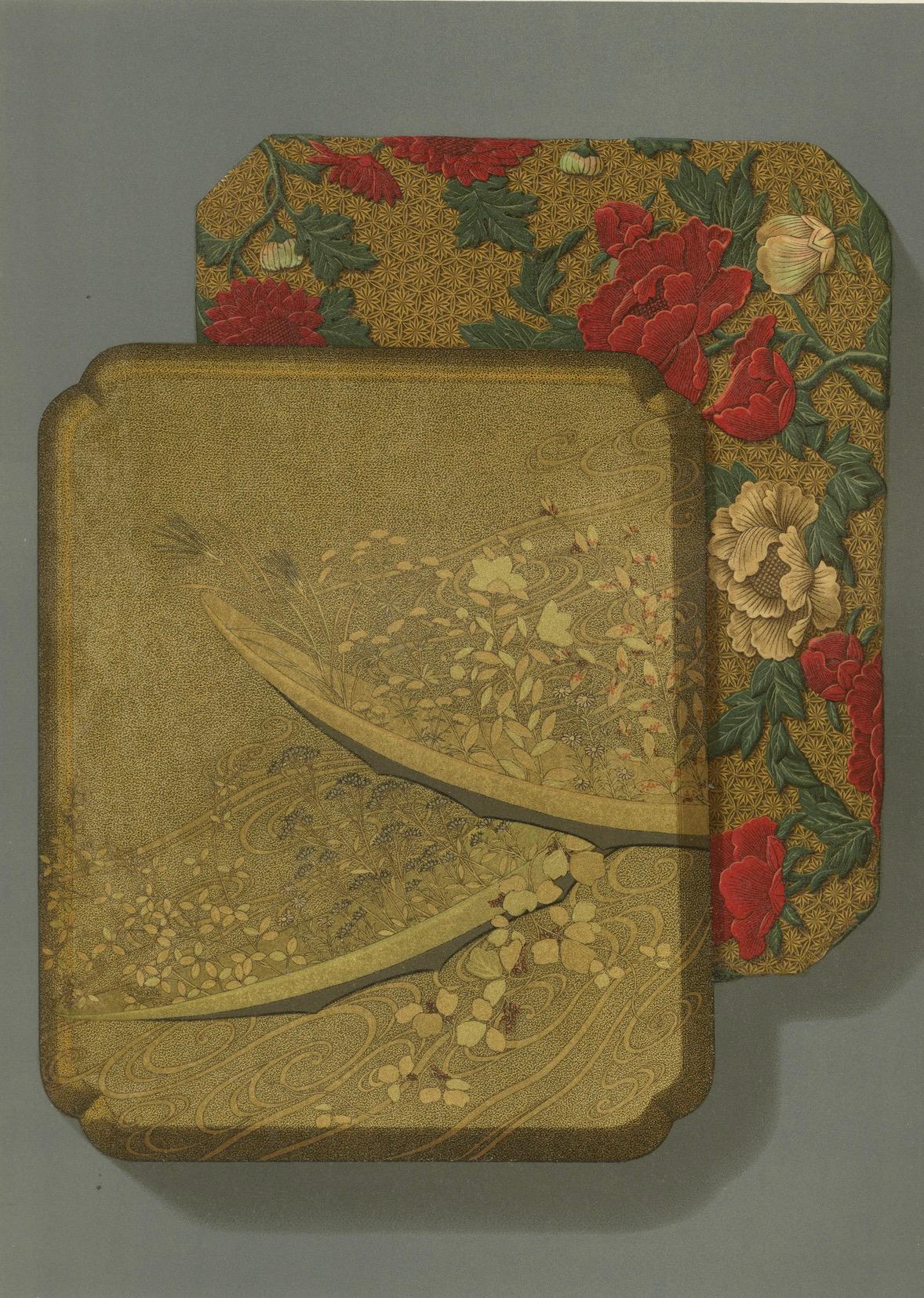 Papier Am designs de plateaux japonais en laque et en textile : Lithographie ancienne, années 1880 en vente