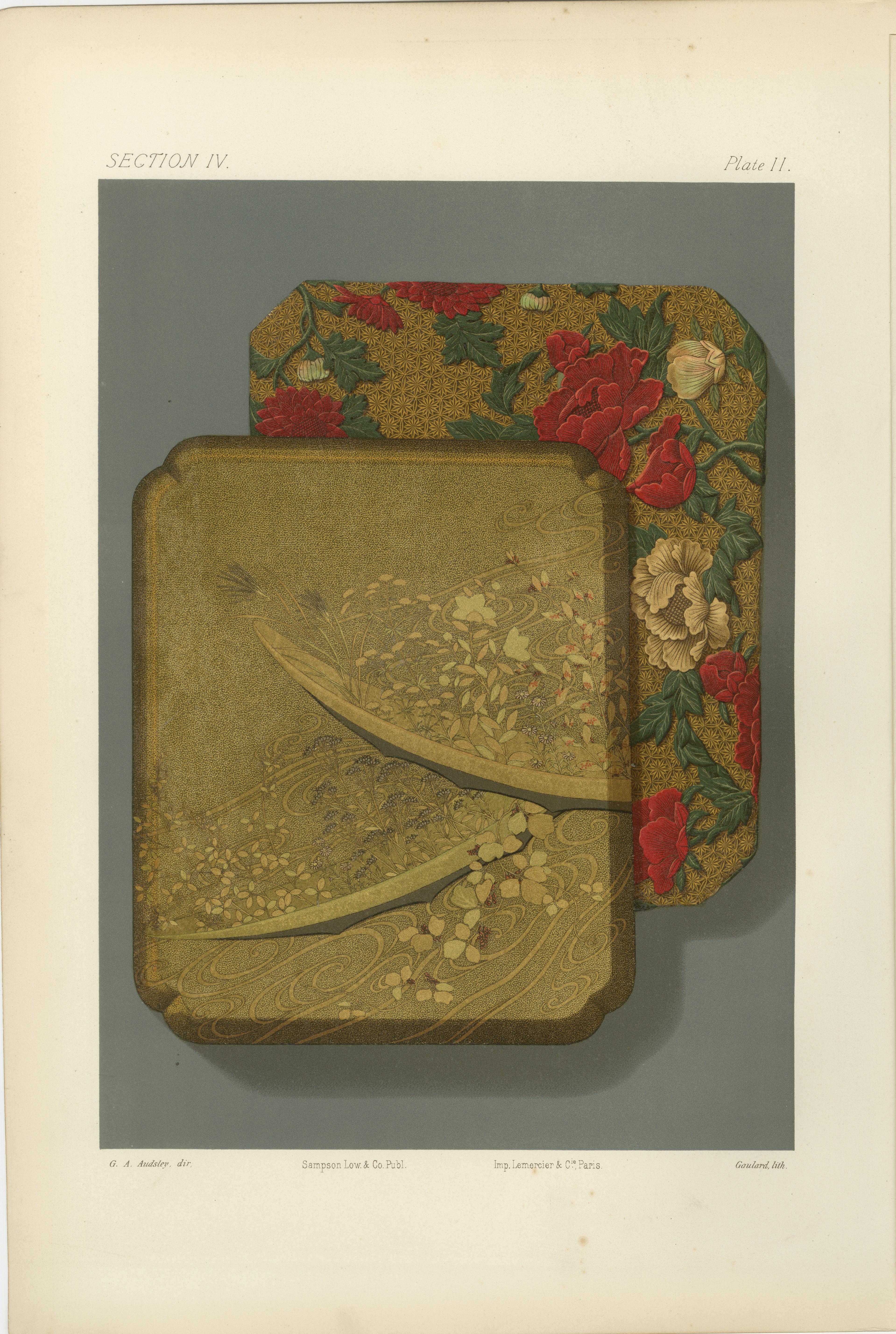 Am designs de plateaux japonais en laque et en textile : Lithographie ancienne, années 1880 en vente 2
