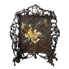 Japanese Lacquer, Bone and "Root" Wood Screen Meiji Period