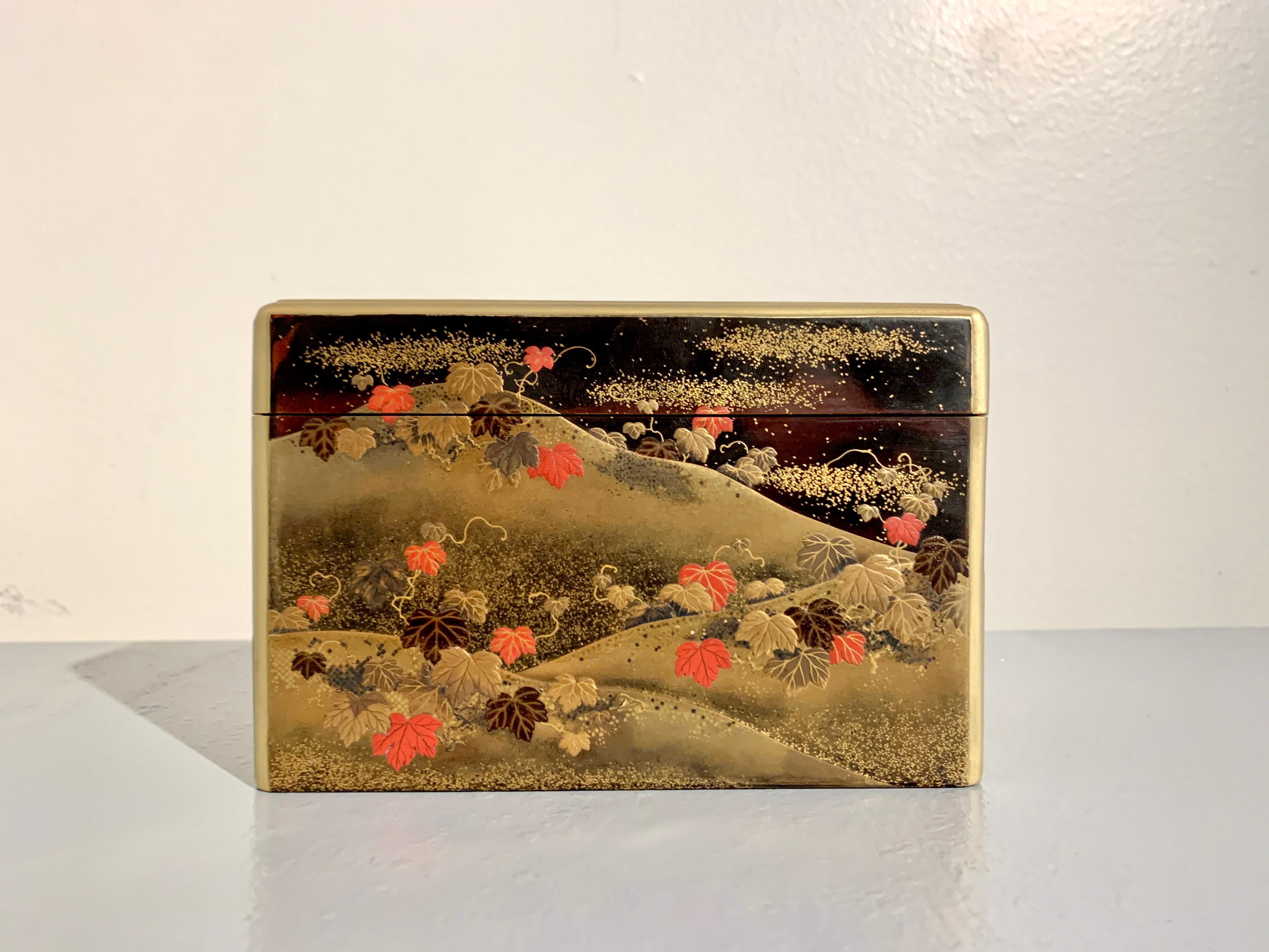 An exquisite Japanese tall lacquer box for incense implements, kobako, with a scene from The Tales of Ise, chapter 9, 