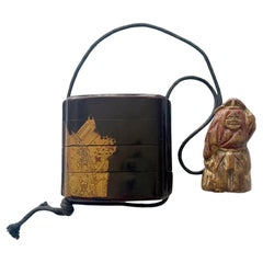 Japanese Lacquer Inro with Gold Maki-e and Carved Wood Netsuke Meiji Period