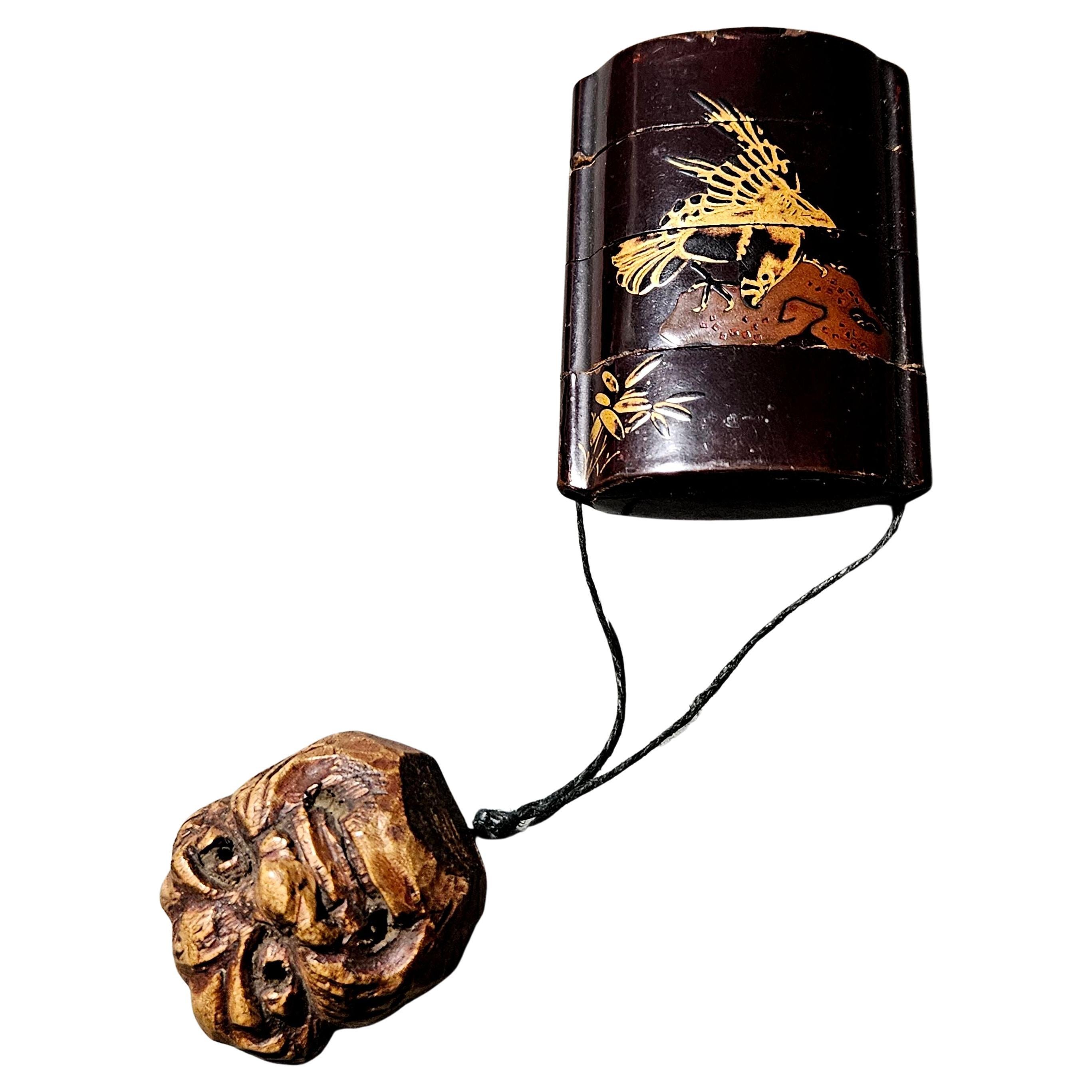 Japanese Lacquer Inro with Netsuke Okame Mask Meiji Period For Sale