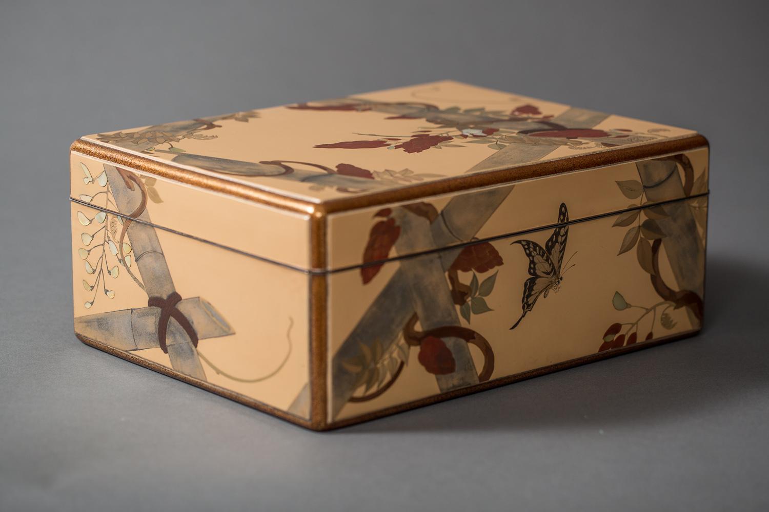 Meiji Japanese Lacquer Letter Box with Flowers and Butterfly For Sale