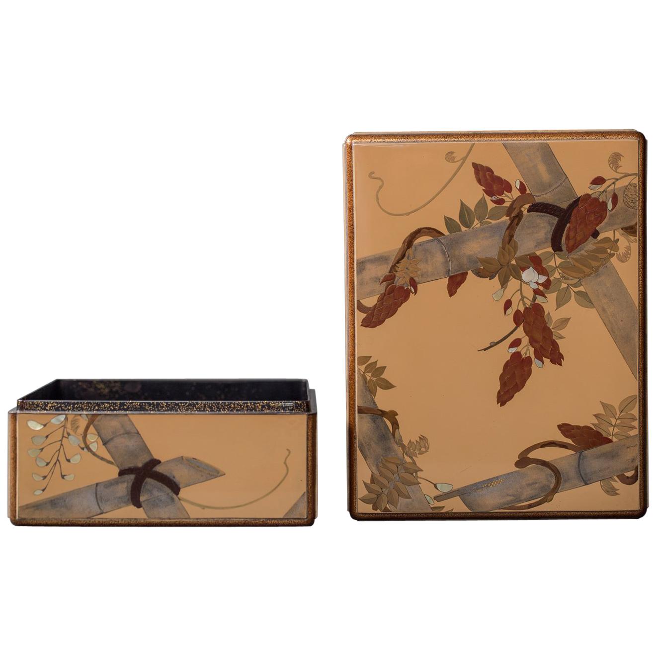 Japanese Lacquer Letter Box with Flowers and Butterfly For Sale