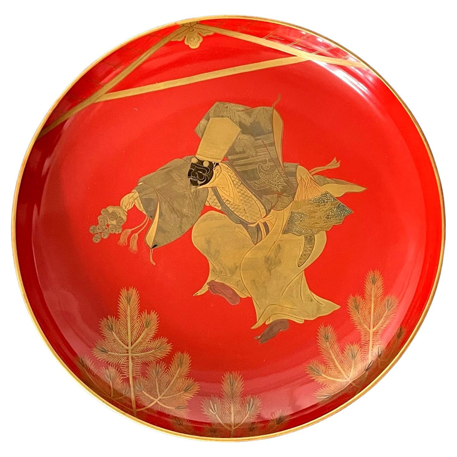 Japanese Lacquer Maki-e Plate of Masked Dancer For Sale