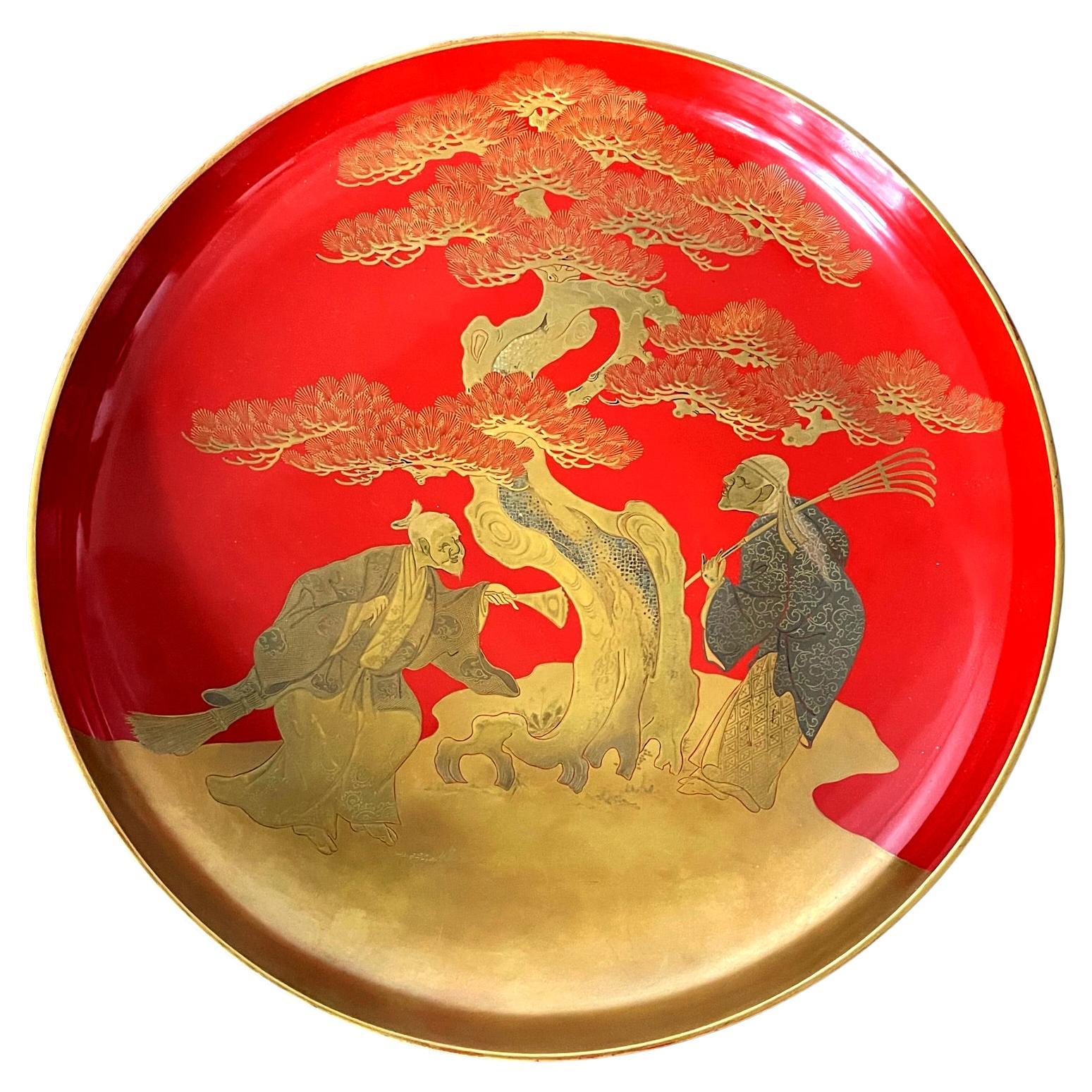 Japanese Lacquer Maki-e Plate of Takasago Story For Sale