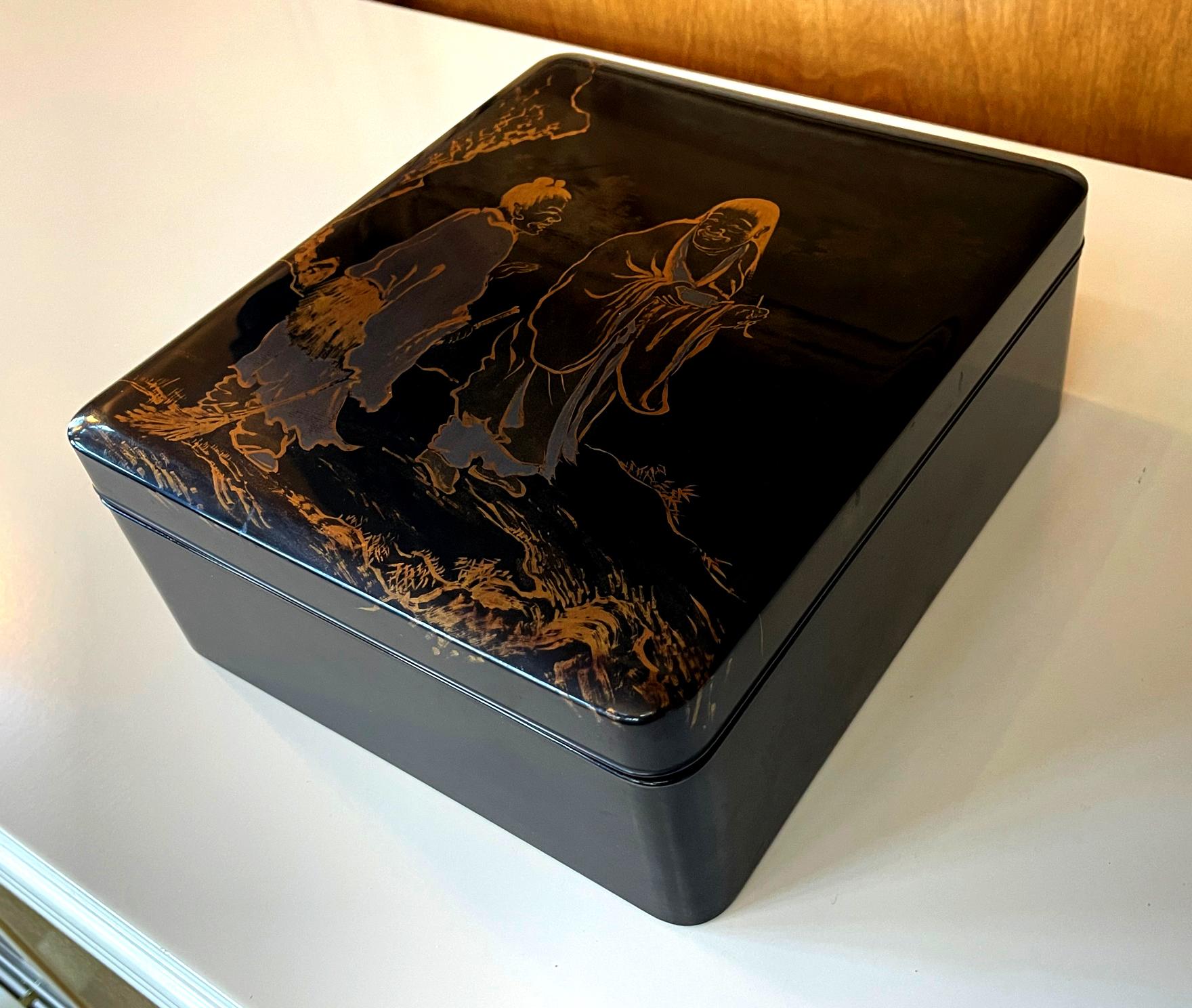 A Japanese roiro lacquer scholar combo box with an upper tier of inkstone box (Suzuribako) and a lower document box (Ryoshibako) circa 1910-30s (end of Meiji to Showa period). The high glossy box was beautifully decorated with an image of the