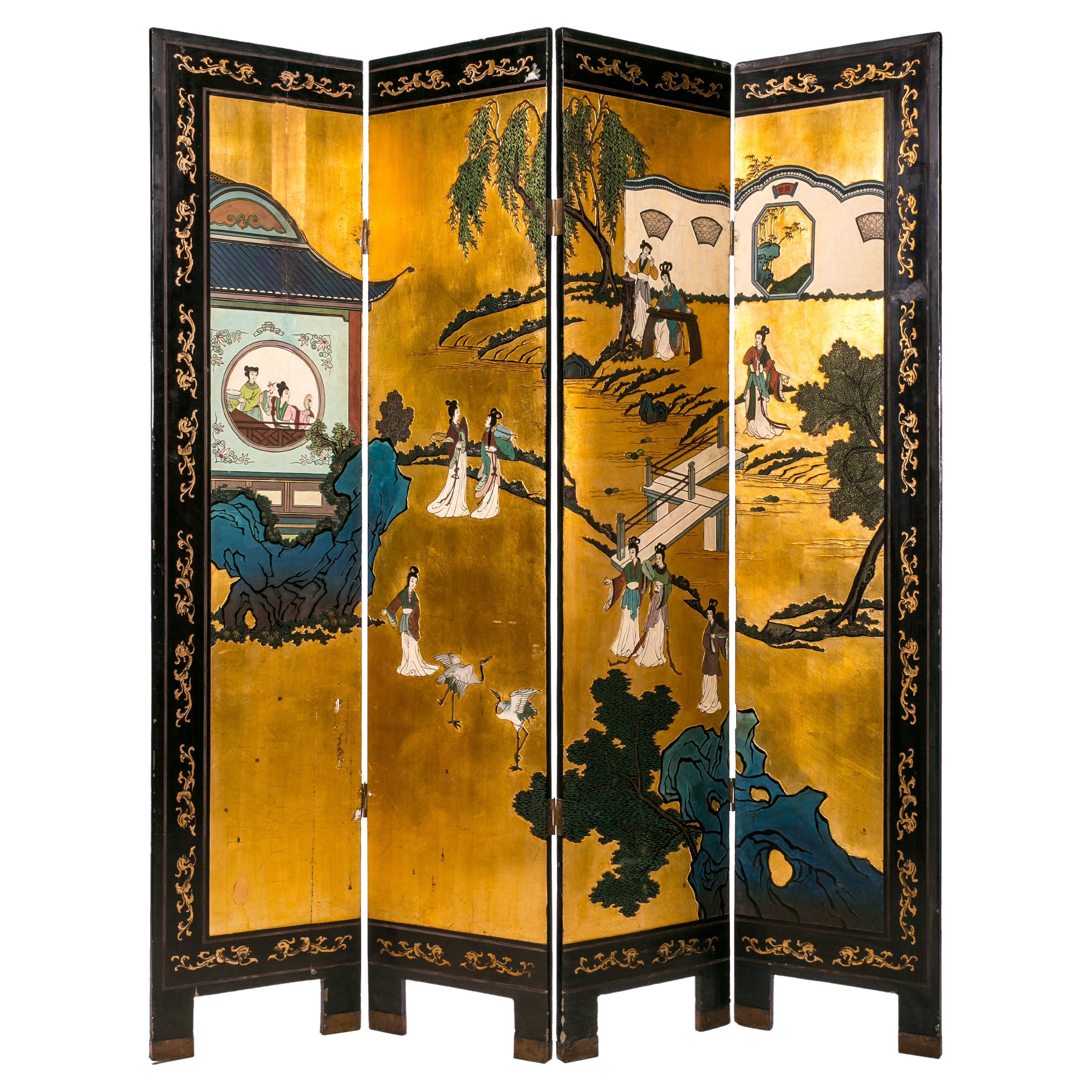 Japanese Lacquer Painted Screen, 1920 For Sale