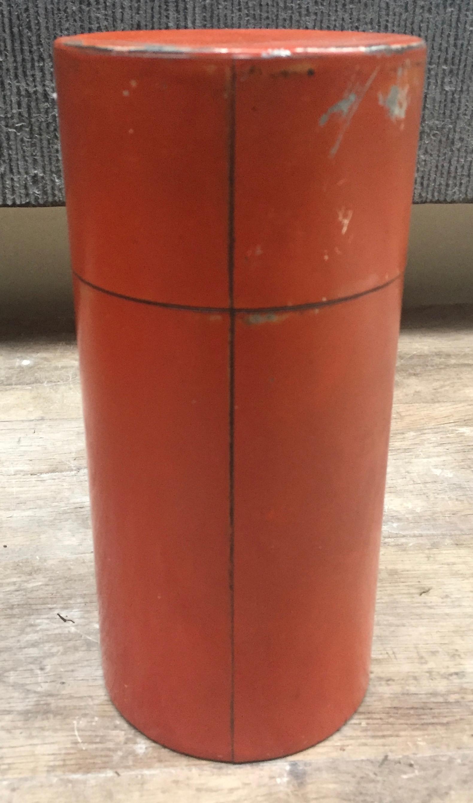 Japanese Tin tea container retaining the original interior lid. Made in Japan in the 1920s for the storage of tea in the home. The cranes and mountains are lacquered in the raised takamakie urushi relief technique and inset with a piece of mother of