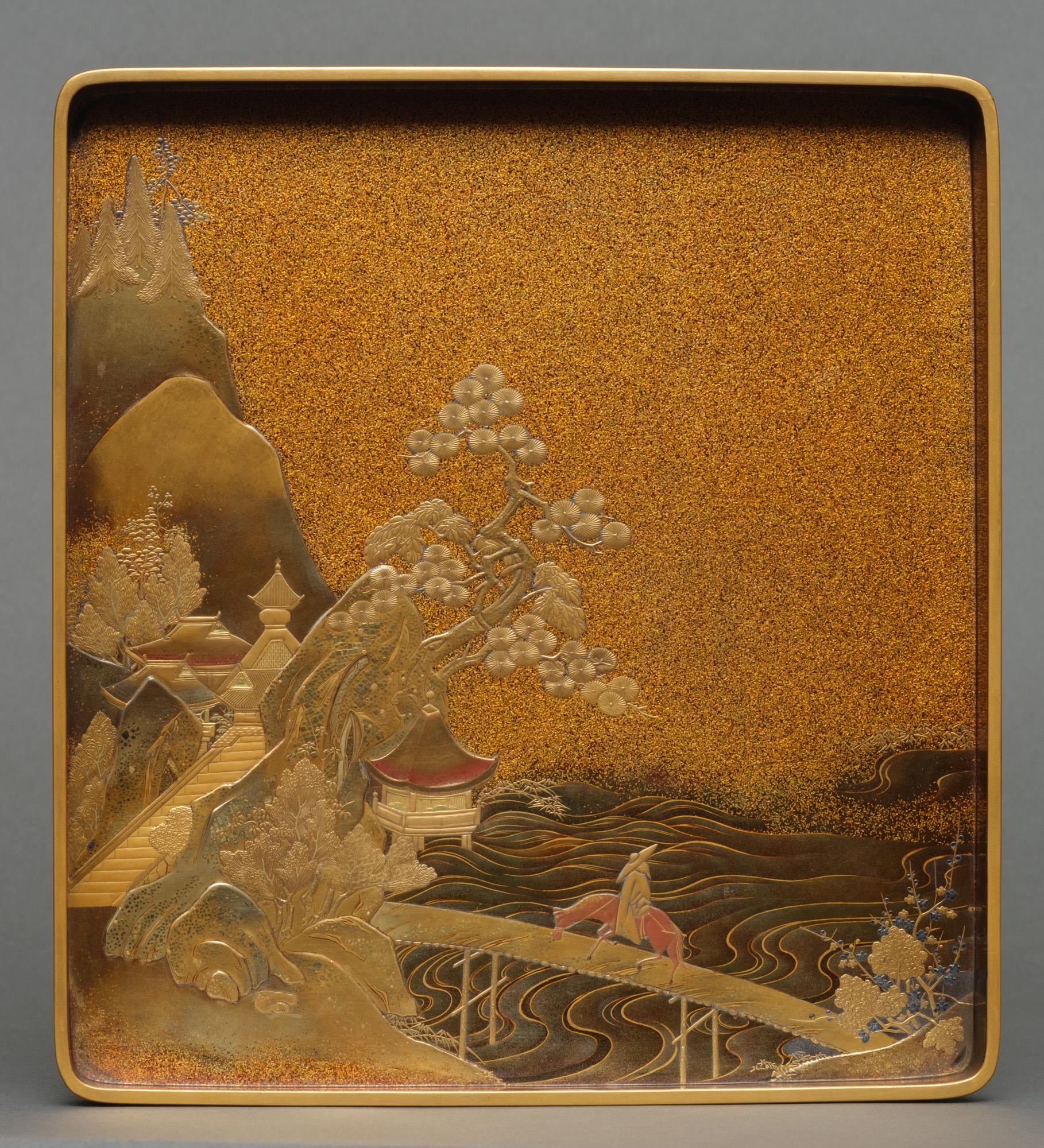 Hand-Crafted Japanese lacquer suzuri’bako 箱 with a cherry blossom & Chinese landscape design