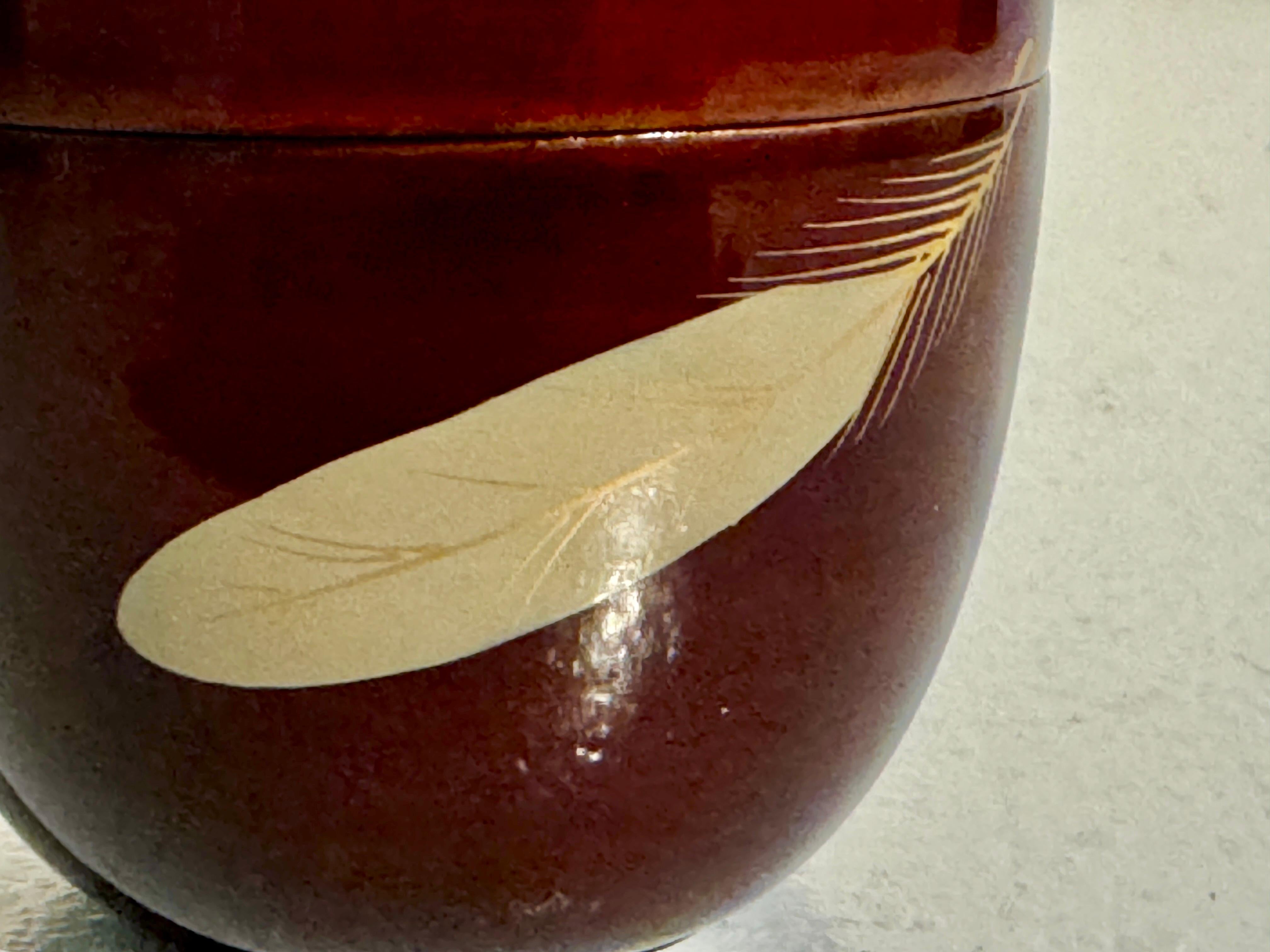 Mid-20th Century Japanese Lacquer Tea Caddy, Natsume, Feather Design, Showa Era, c 1960's, Japan