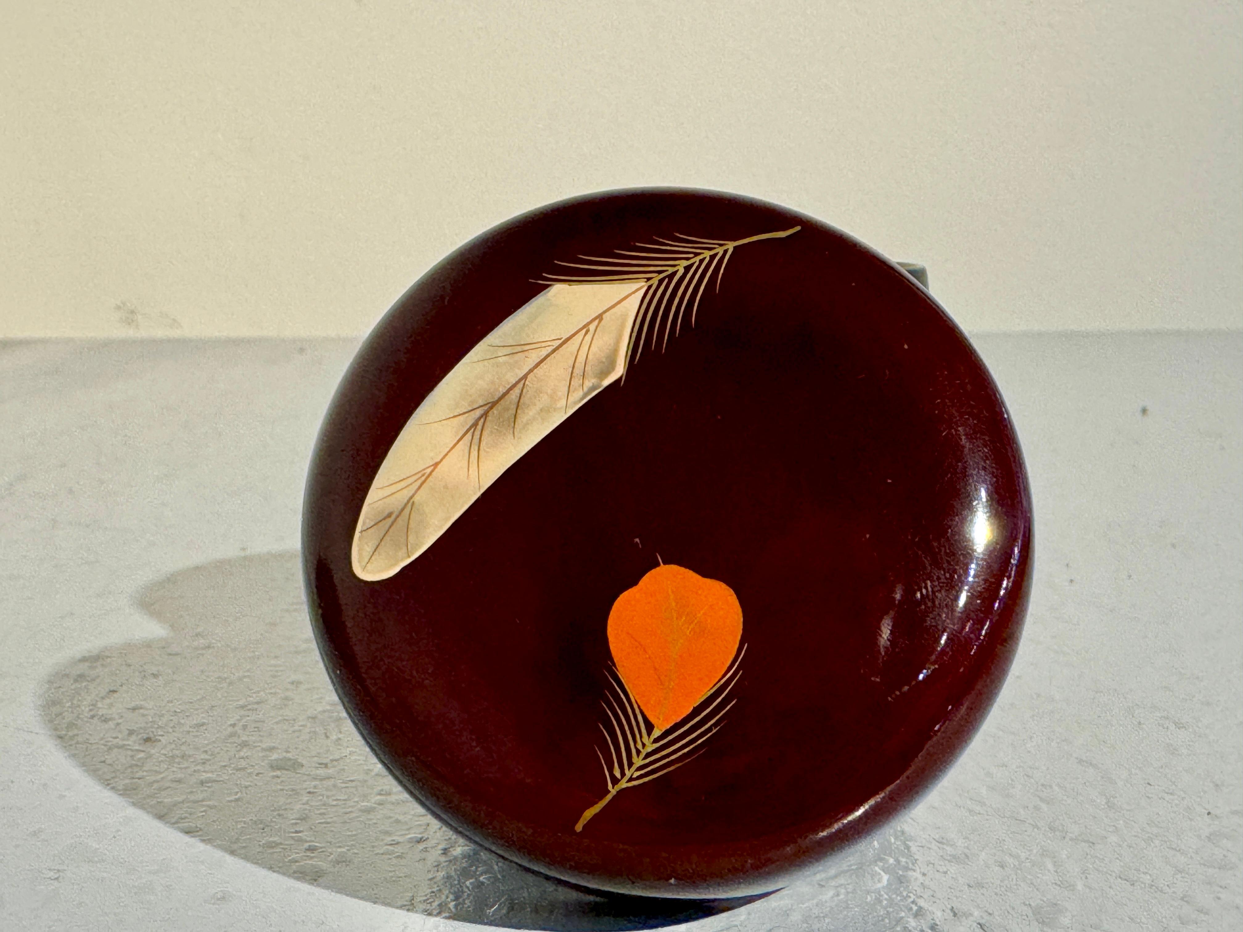 Japanese Lacquer Tea Caddy, Natsume, Feather Design, Showa Era, c 1960's, Japan 1