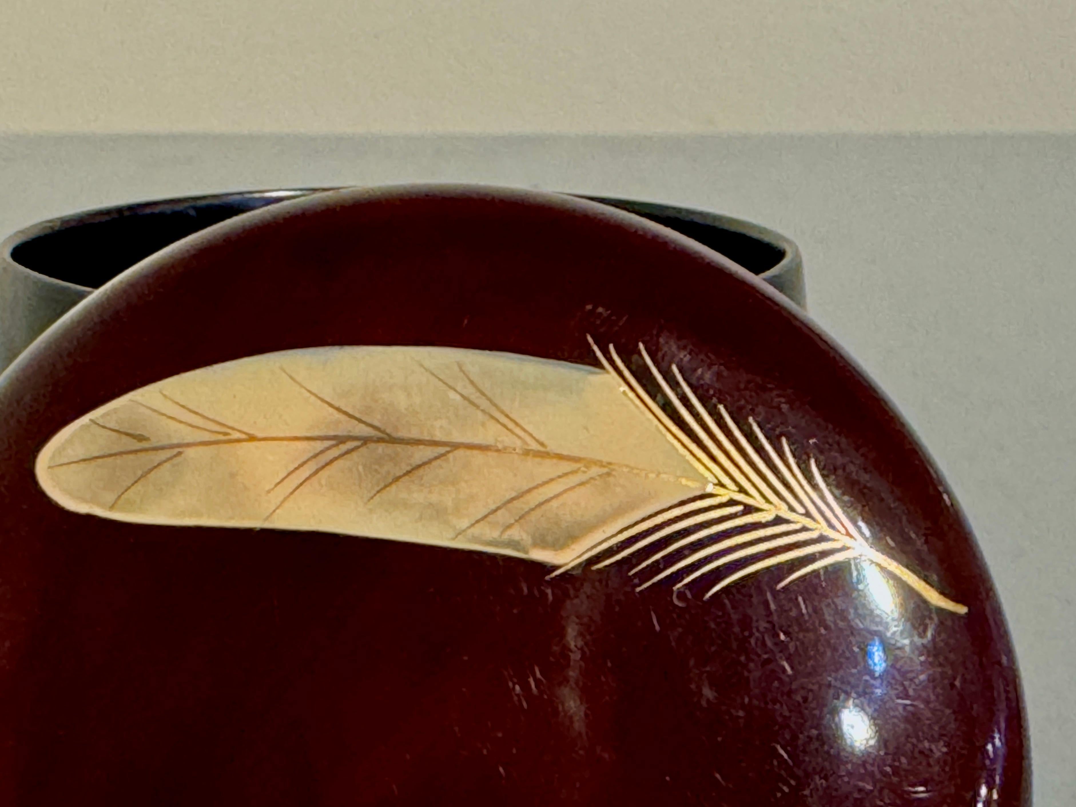 Japanese Lacquer Tea Caddy, Natsume, Feather Design, Showa Era, c 1960's, Japan 4