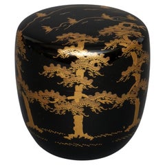 Retro Japanese lacquer tea caddy 棗 (natsume) showcasing a pine tree forest