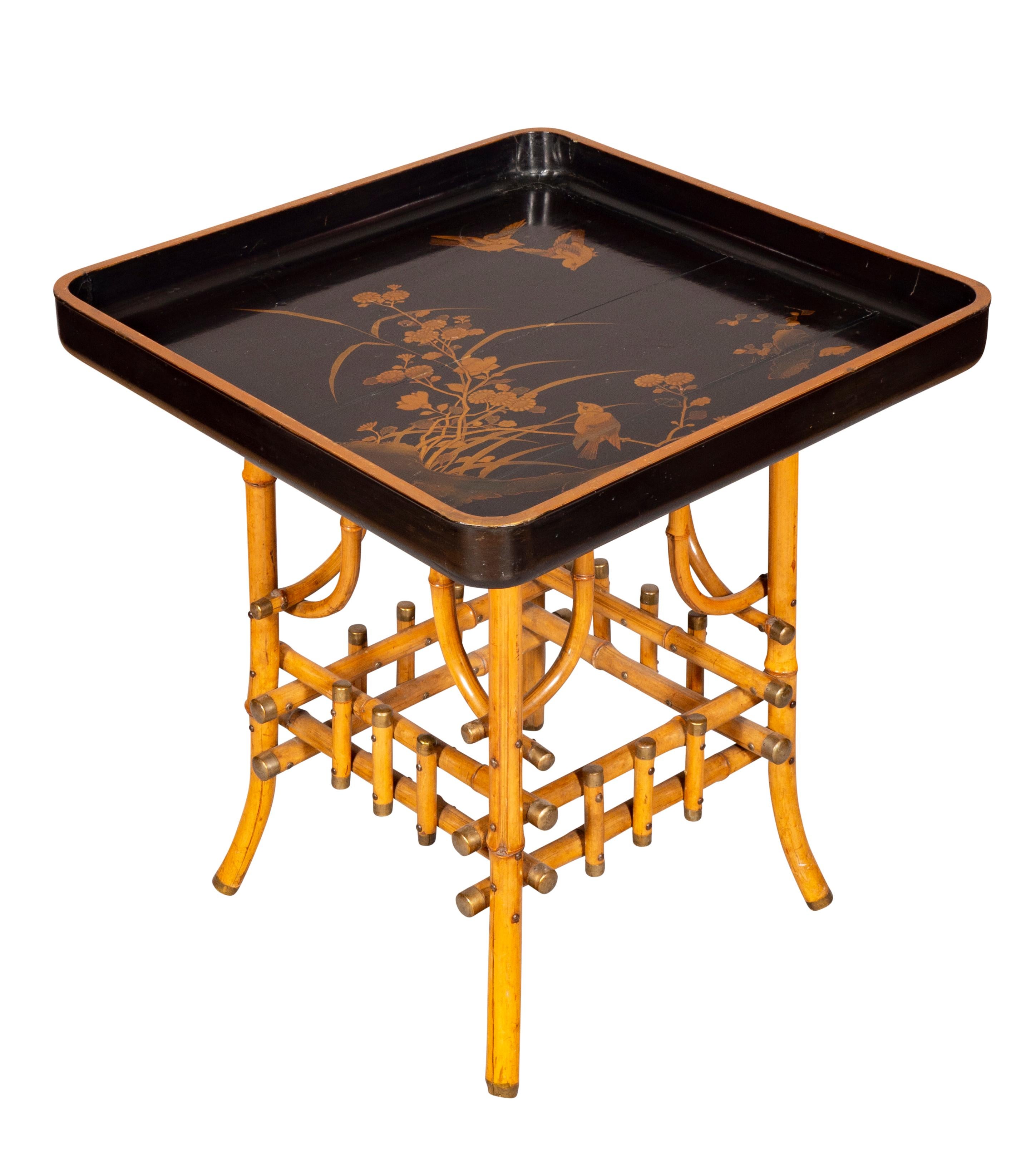 Late 19th Century Japanese Lacquer Tray on Bamboo Base
