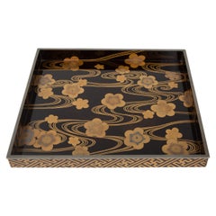 Japanese Lacquer Tray with Cherry Blossoms on Flowing Stream