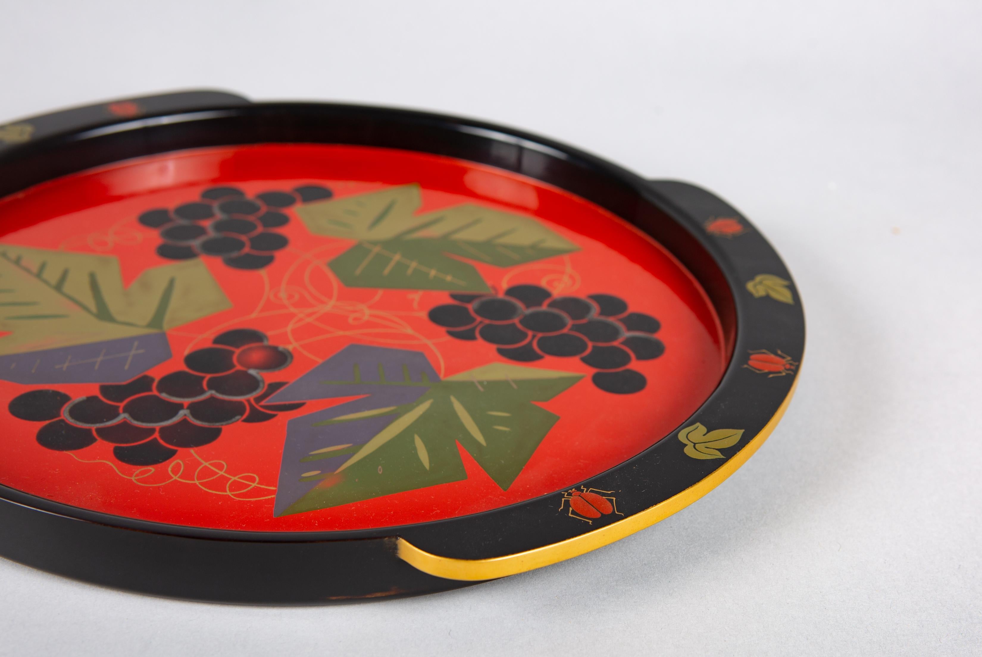 Showa Japanese Lacquer Tray with Grape Design